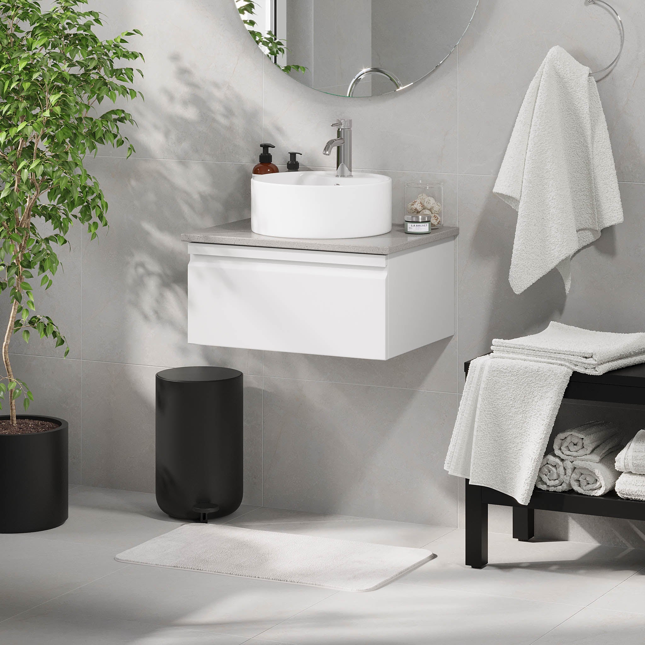 Mirage Badrumsmöbel med grå bänkskiva, Matt Vit - Tvättställsskåp - BATH DELUXE - PRESTIGE - 89 - 060 - 03 - 01 - 40 - BATHDELUXE SWEDEN