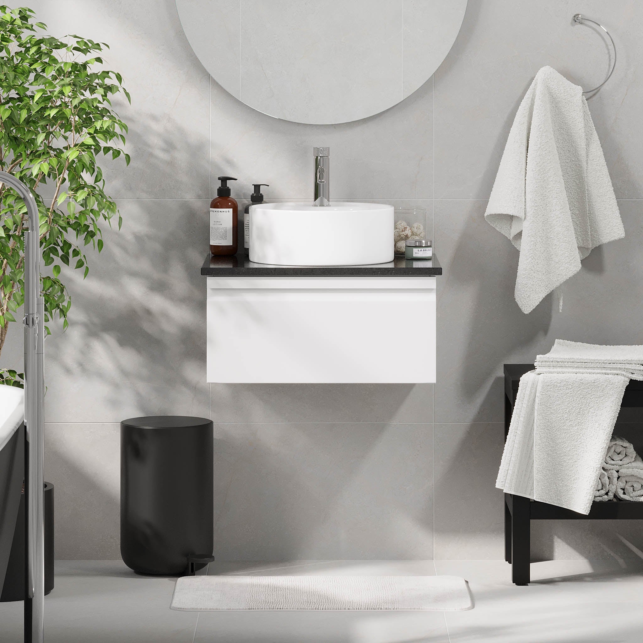 Mirage Badrumsmöbel med svart bänkskiva, Matt Vit - Tvättställsskåp - BATH DELUXE - PRESTIGE - 89 - 060 - 03 - 01 - 41 - BATHDELUXE SWEDEN