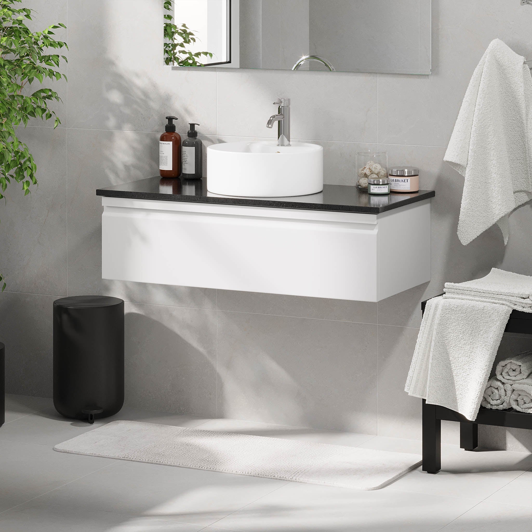 Mirage Badrumsmöbel med svart bänkskiva, Matt Vit - Tvättställsskåp - BATH DELUXE - PRESTIGE - 89 - 100 - 03 - 01 - 41 - BATHDELUXE SWEDEN