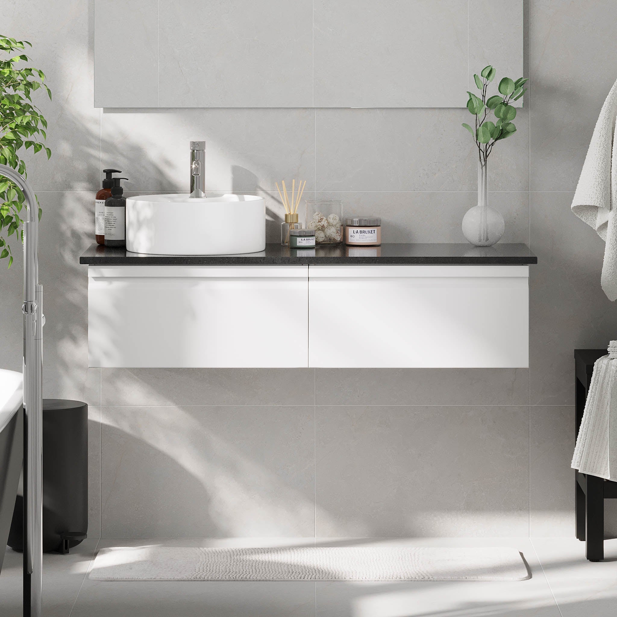 Mirage Badrumsmöbel med svart bänkskiva, Matt Vit - Tvättställsskåp - BATH DELUXE - PRESTIGE - 89 - 120 - 03 - 01 - 45 - BATHDELUXE SWEDEN