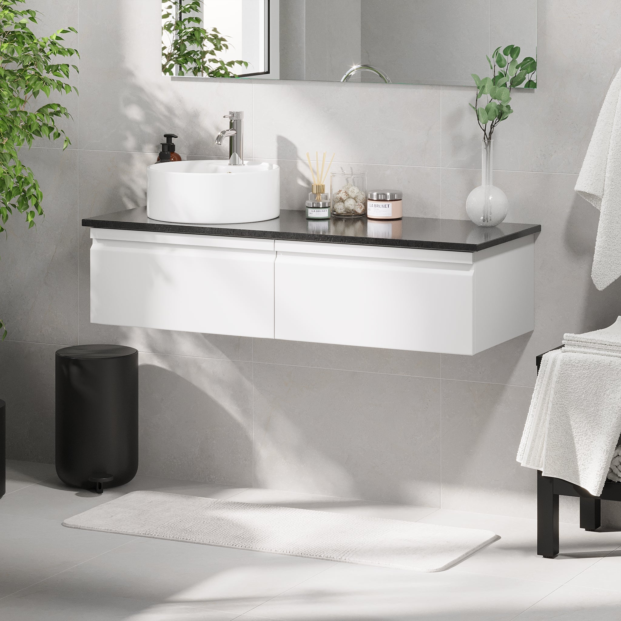 Mirage Badrumsmöbel med svart bänkskiva, Matt Vit - Tvättställsskåp - BATH DELUXE - PRESTIGE - 89 - 120 - 03 - 01 - 45 - BATHDELUXE SWEDEN