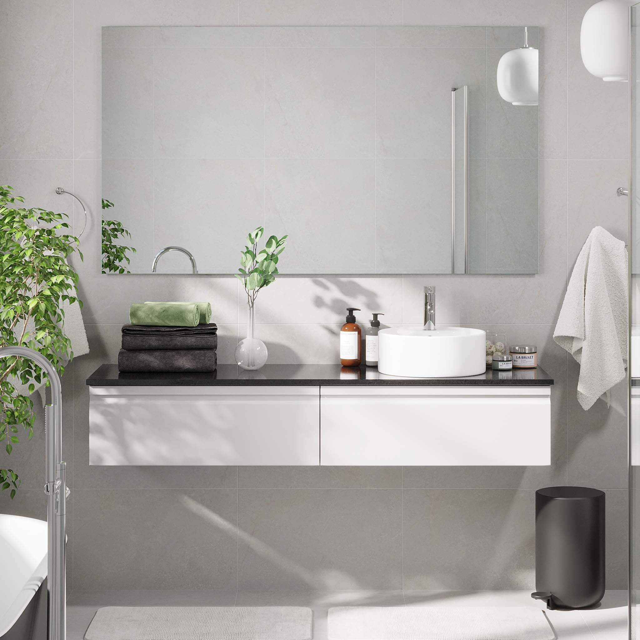 Mirage Badrumsmöbel med svart bänkskiva, Matt Vit - Tvättställsskåp - BATH DELUXE - PRESTIGE - 89 - 160 - 03 - 01 - 41 - BATHDELUXE SWEDEN