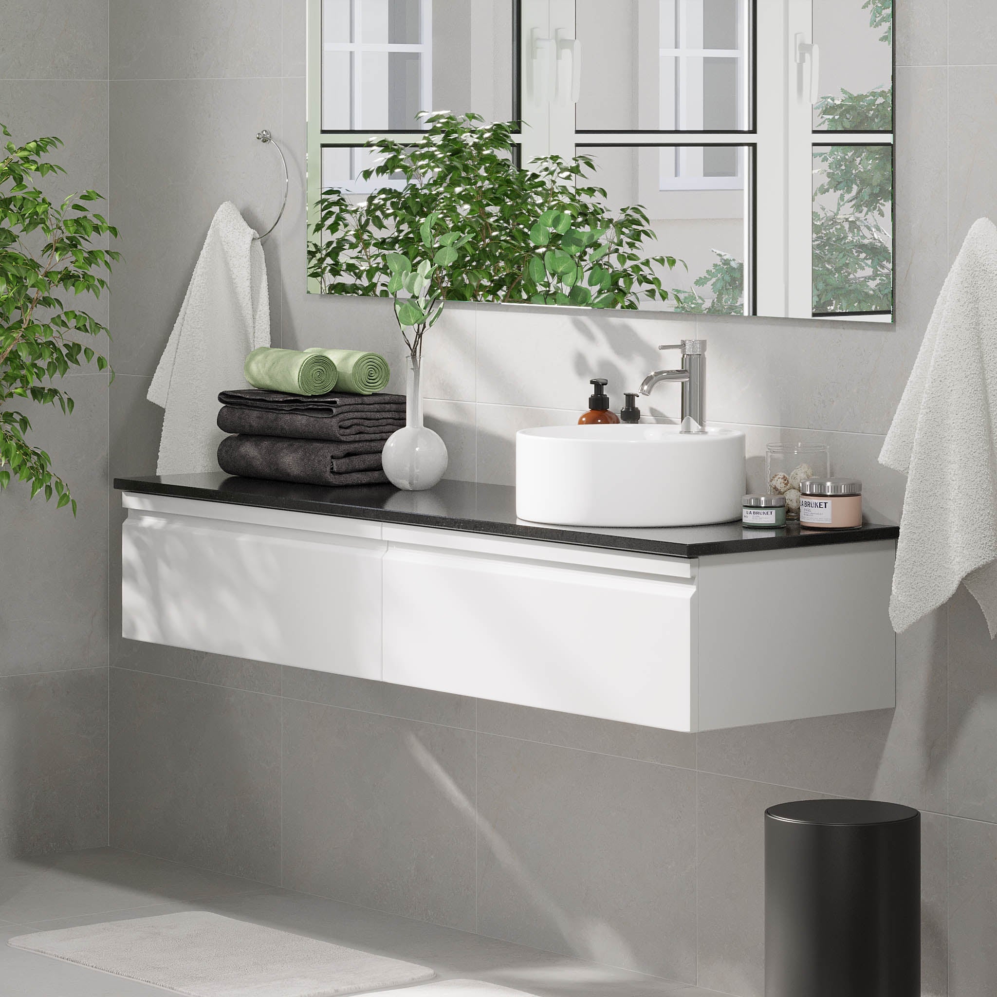 Mirage Badrumsmöbel med svart bänkskiva, Matt Vit - Tvättställsskåp - BATH DELUXE - PRESTIGE - 89 - 160 - 03 - 01 - 41 - BATHDELUXE SWEDEN