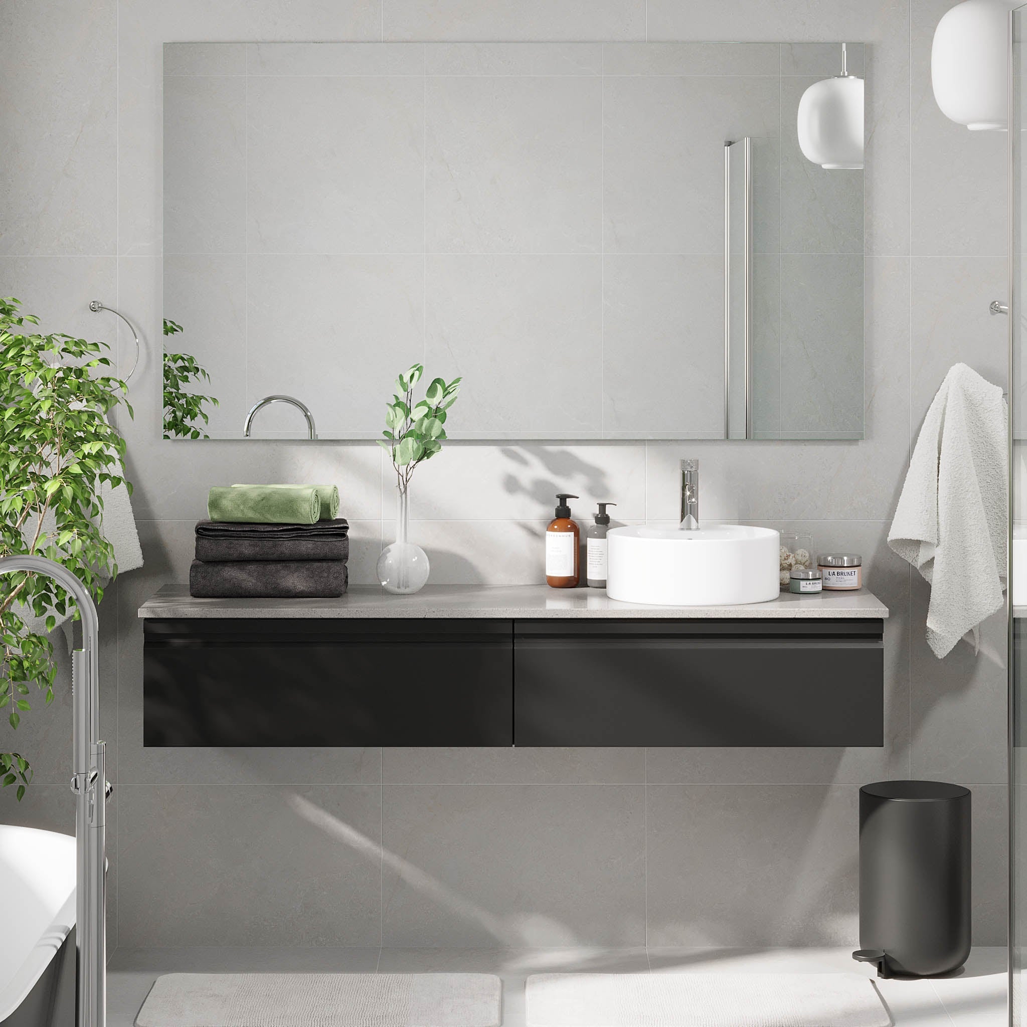 Mirage Badrumsmöbel med grå bänkskiva, Matt Svart - Tvättställsskåp - BATH DELUXE - PRESTIGE - 89 - 160 - 03 - 02 - 40 - BATHDELUXE SWEDEN