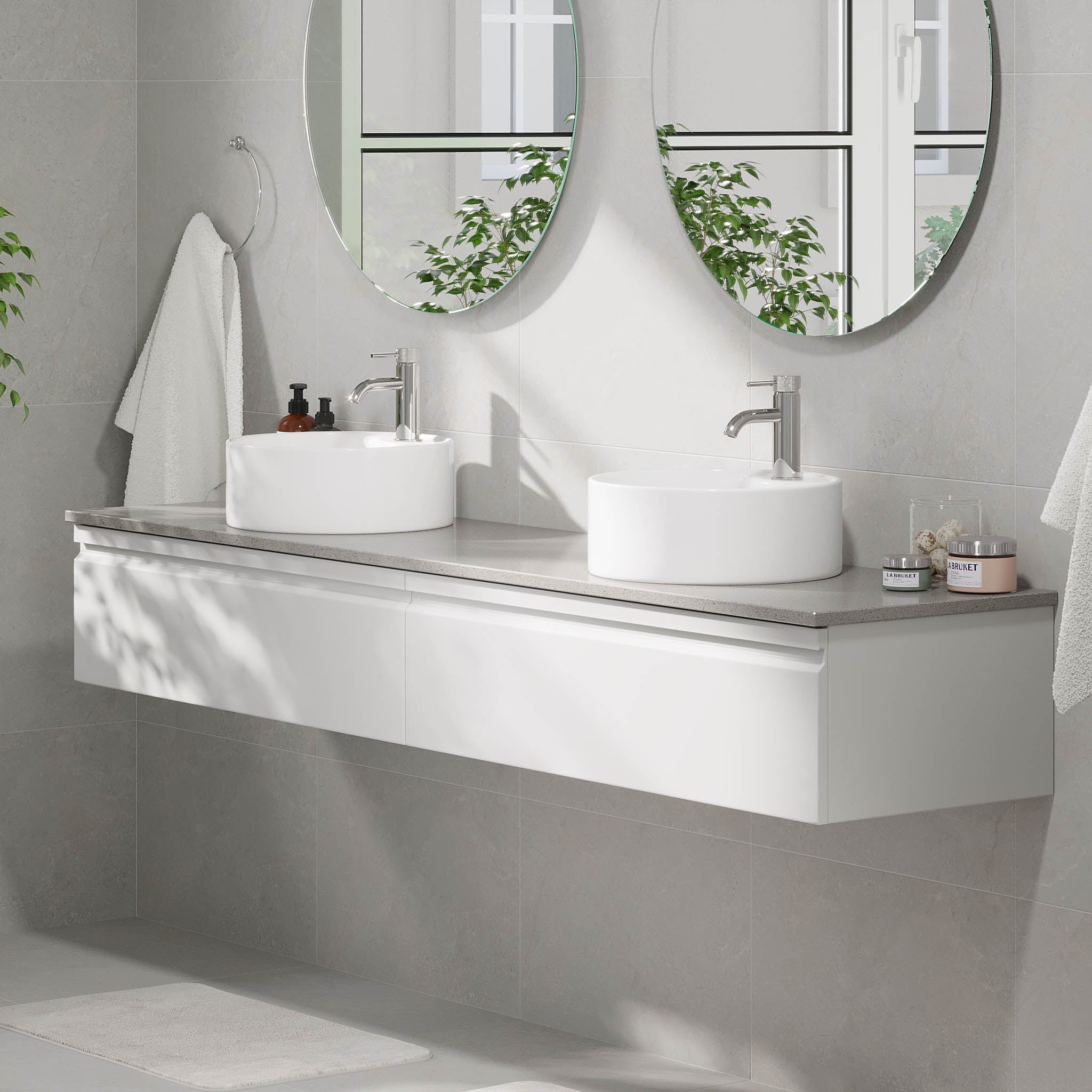 Mirage Badrumsmöbel med grå bänkskiva, Matt Vit - Tvättställsskåp - BATH DELUXE - PRESTIGE - 89 - 200 - 03 - 01 - 42 - BATHDELUXE SWEDEN