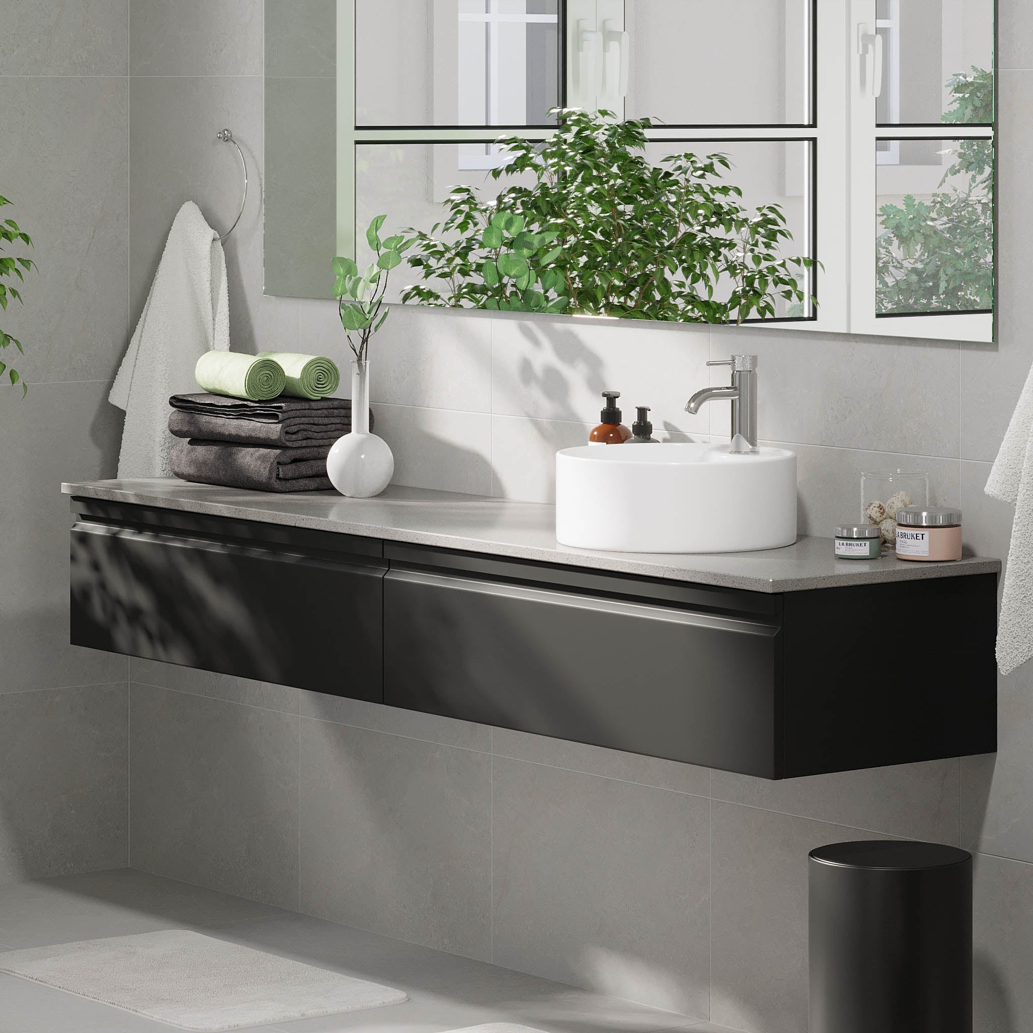 Mirage Badrumsmöbel med grå bänkskiva, Matt Svart - Tvättställsskåp - BATH DELUXE - PRESTIGE - 89 - 200 - 03 - 02 - 40 - BATHDELUXE SWEDEN