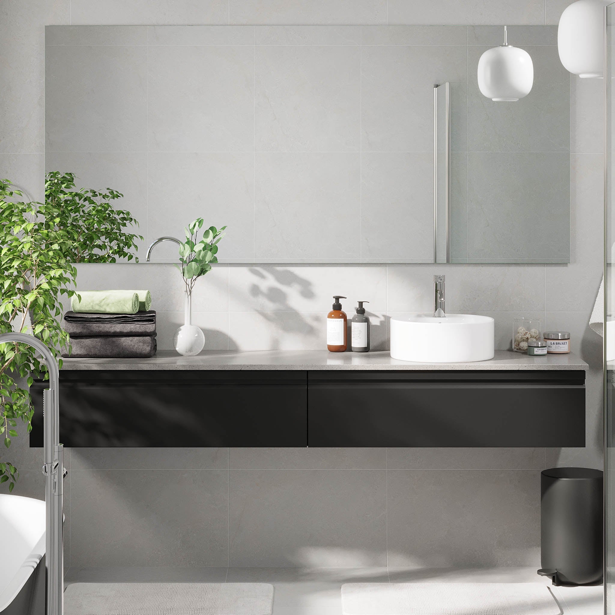 Mirage Badrumsmöbel med grå bänkskiva, Matt Svart - Tvättställsskåp - BATH DELUXE - PRESTIGE - 89 - 200 - 03 - 02 - 40 - BATHDELUXE SWEDEN