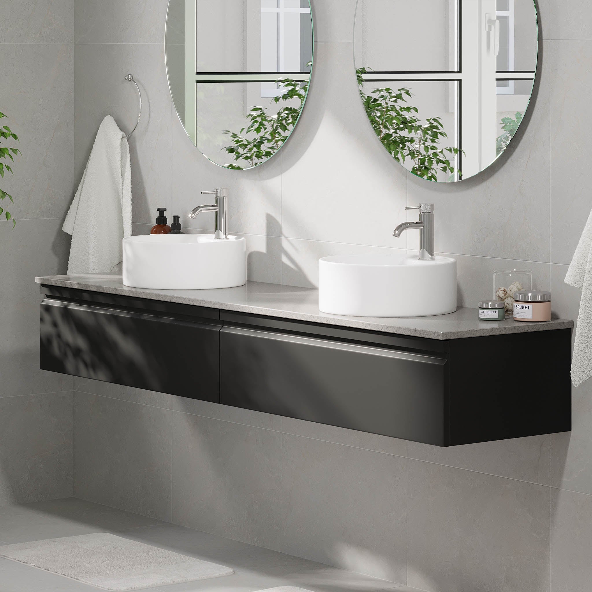 Mirage Badrumsmöbel med grå bänkskiva, Matt Svart - Tvättställsskåp - BATH DELUXE - PRESTIGE - 89 - 200 - 03 - 02 - 42 - BATHDELUXE SWEDEN