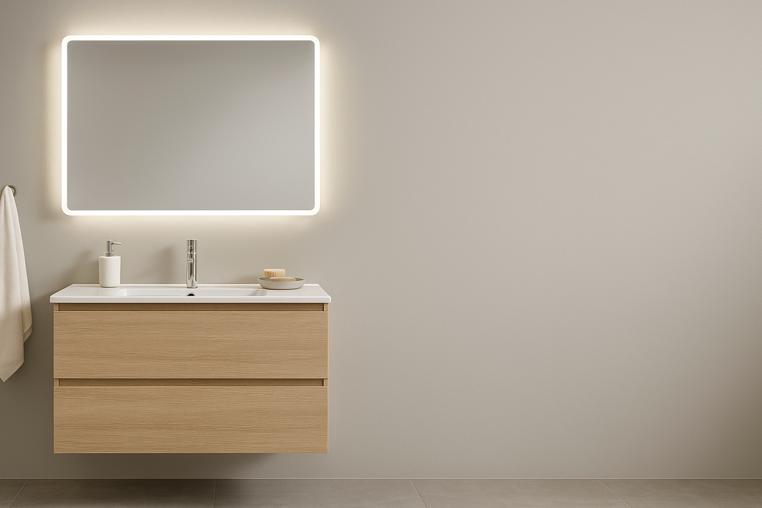 Gribskov badmøbel og Fornæs LED spejl placeret til venstre