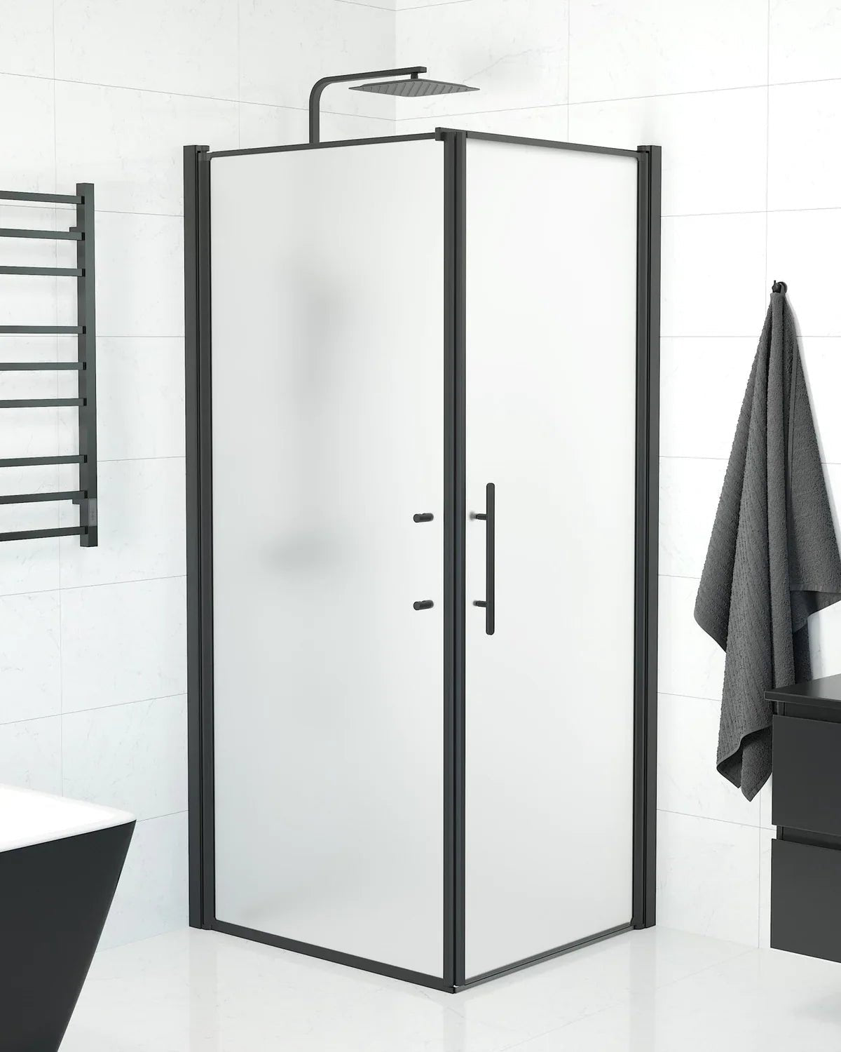 Vänern Duschhörn, Dörr + Vägg, Frostat Glas, Svart Profil - Duschhörna - BATH DELUXE - PRESTIGE - 40 - 908 - 00 - 55 - 00 - BATHDELUXE SWEDEN
