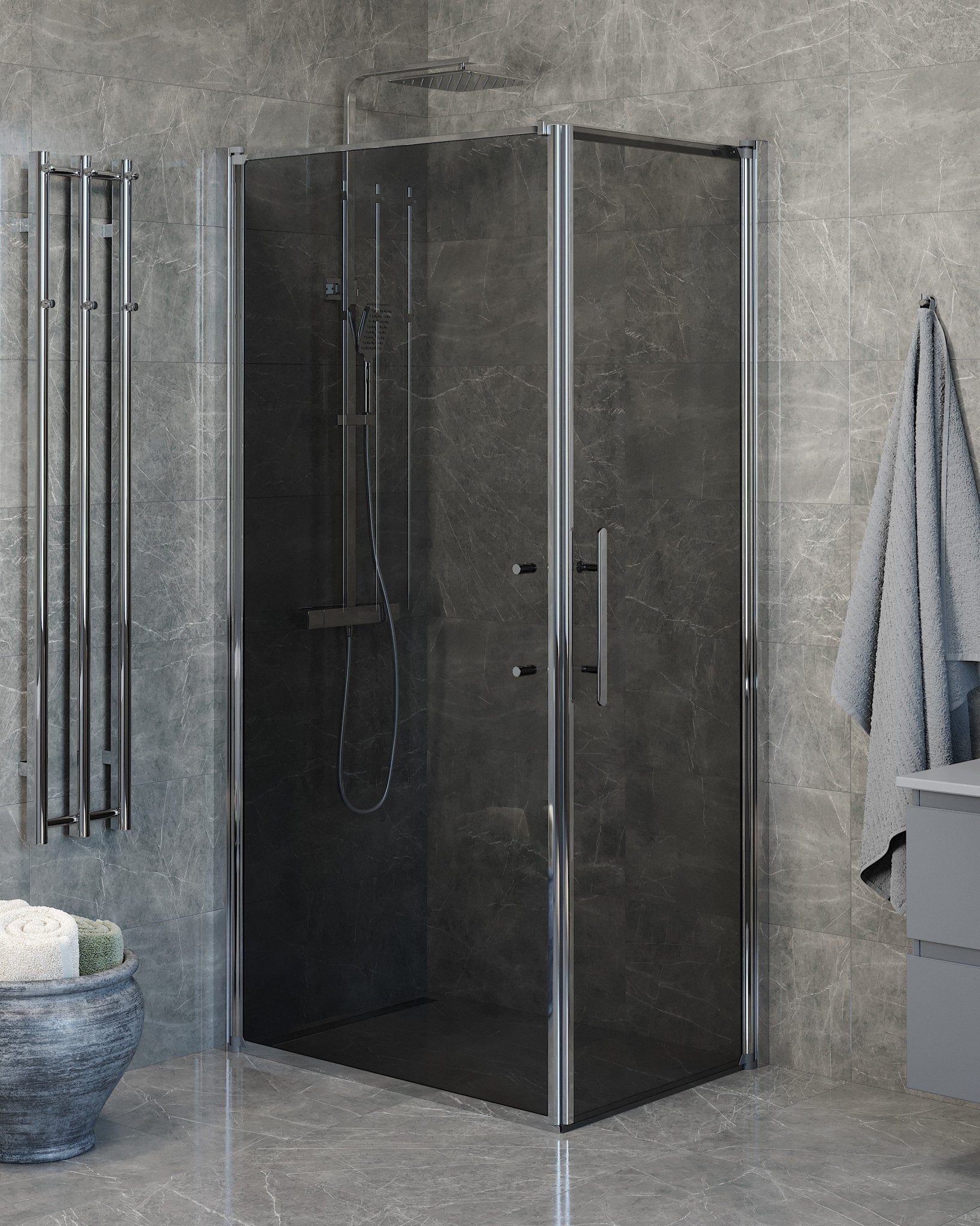 Vänern Duschhörn, Dörr + Vägg, Rökfärgat Glas, Krom Profil - Duschhörna - BATH DELUXE - PRESTIGE - 40 - 107 - 01 - 56 - 00 - BATHDELUXE SWEDEN