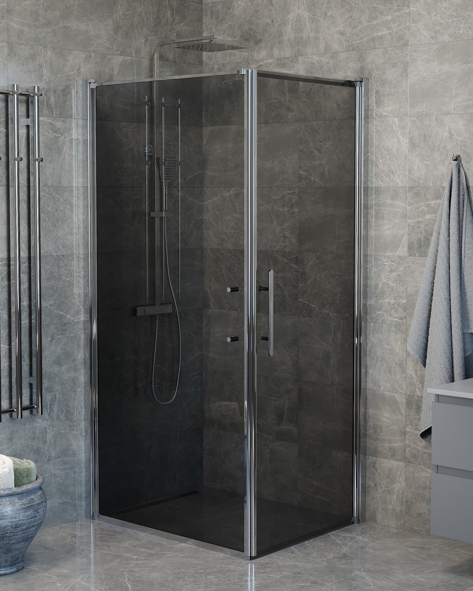 Vänern Duschhörn, Dörr + Vägg, Rökfärgat Glas, Krom Profil - Duschhörna - BATH DELUXE - PRESTIGE - 40 - 108 - 01 - 56 - 00 - BATHDELUXE SWEDEN