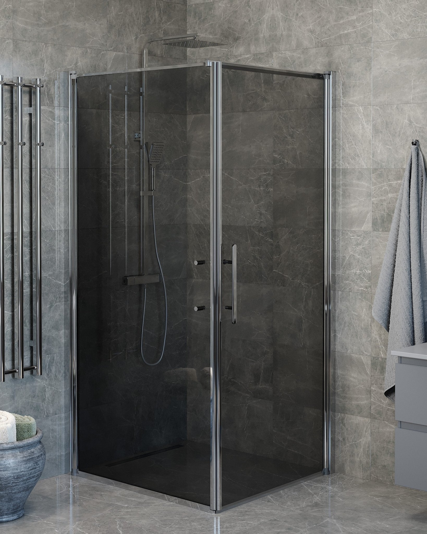 Vänern Duschhörn, Dörr + Vägg, Rökfärgat Glas, Krom Profil - Duschhörna - BATH DELUXE - PRESTIGE - 40 - 109 - 01 - 56 - 00 - BATHDELUXE SWEDEN