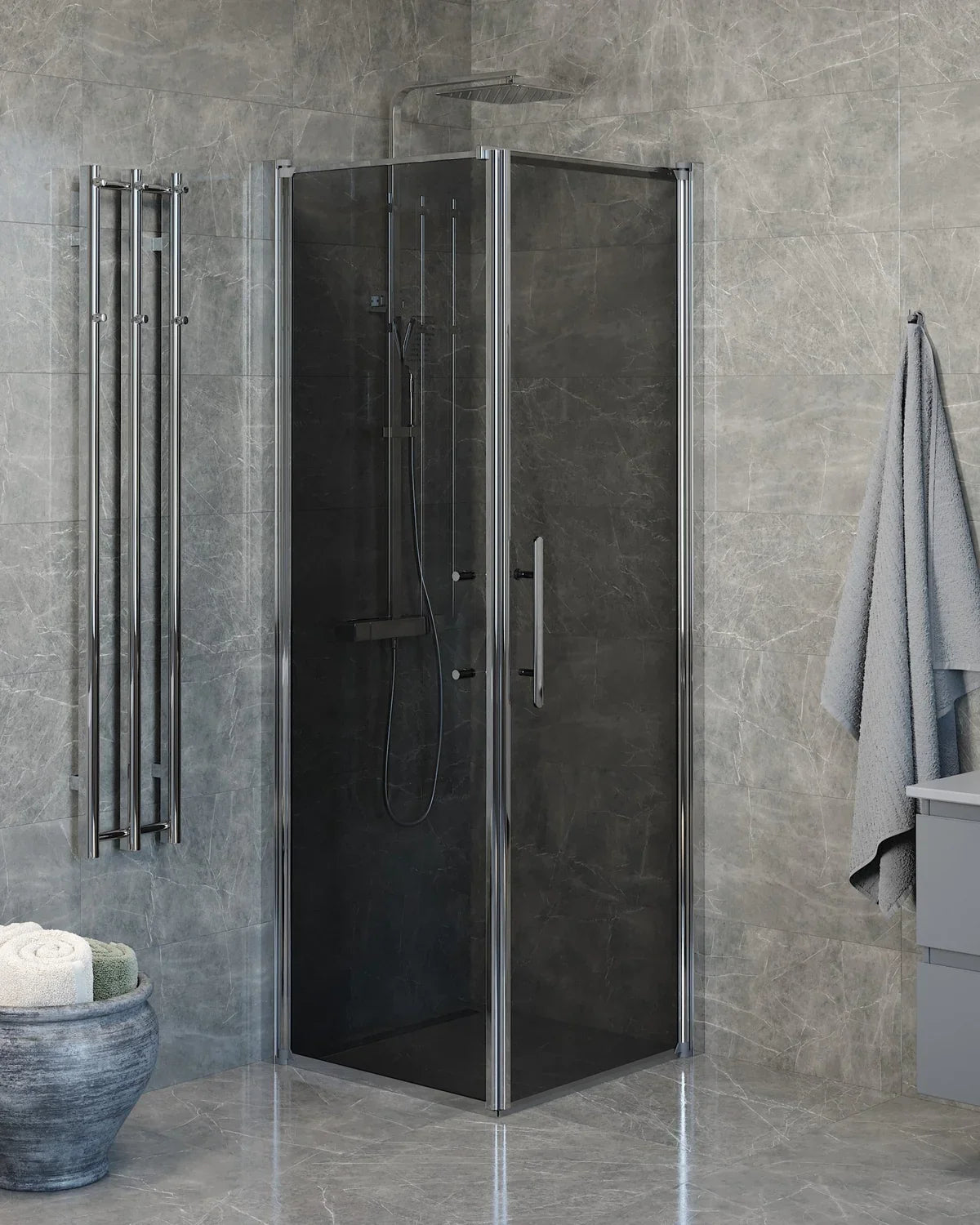 Vänern Duschhörn, Dörr + Vägg, Rökfärgat Glas, Krom Profil - Duschhörna - BATH DELUXE - PRESTIGE - 40 - 707 - 01 - 56 - 00 - BATHDELUXE SWEDEN