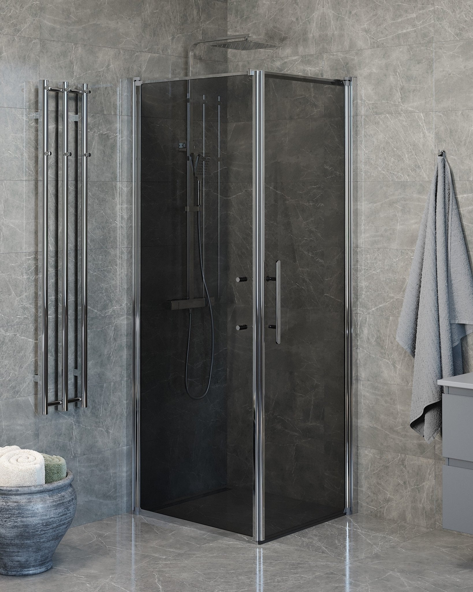 Vänern Duschhörn, Dörr + Vägg, Rökfärgat Glas, Krom Profil - Duschhörna - BATH DELUXE - PRESTIGE - 40 - 807 - 01 - 56 - 00 - BATHDELUXE SWEDEN
