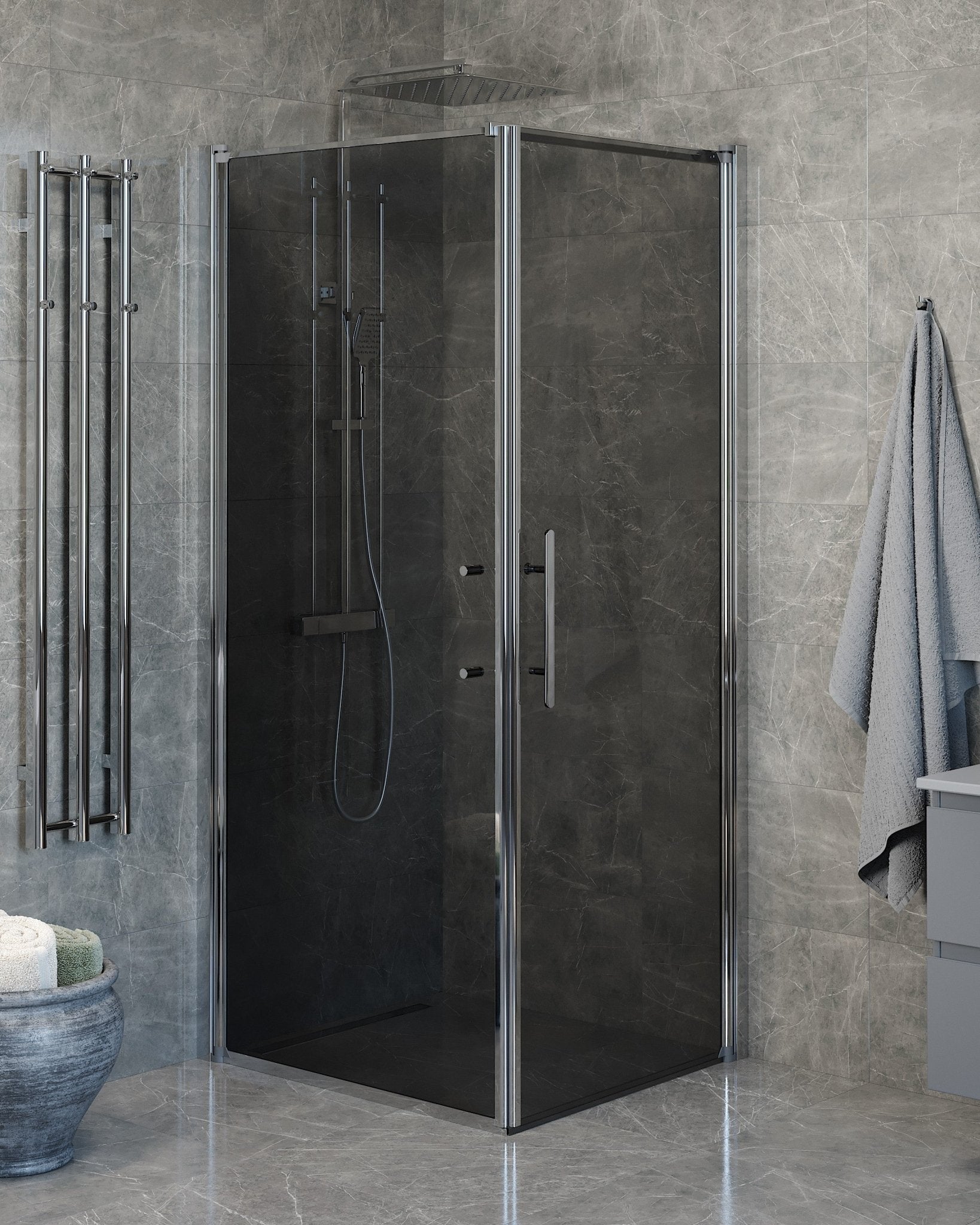 Vänern Duschhörn, Dörr + Vägg, Rökfärgat Glas, Krom Profil - Duschhörna - BATH DELUXE - PRESTIGE - 40 - 908 - 01 - 56 - 00 - BATHDELUXE SWEDEN