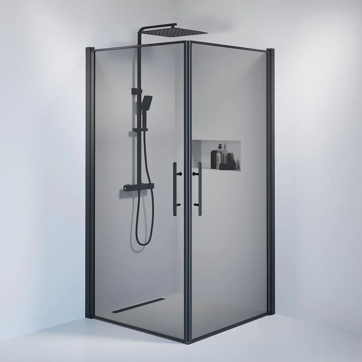 Vänern Duschhörn, Rak, Rökfärgat Glas, Svart Profil - Duschhörna - BATH DELUXE - PRESTIGE - 36 - 101 - 02 - 56 - 00 - BATHDELUXE SWEDEN
