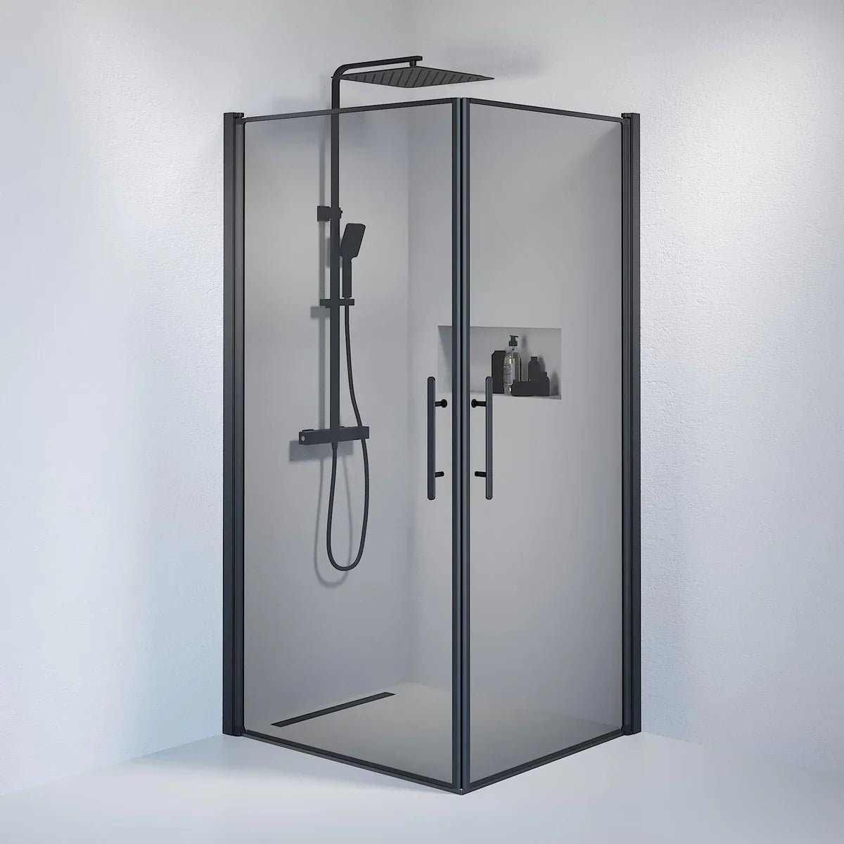 Vänern Duschhörn, Rak, Rökfärgat Glas, Svart Profil - Duschhörna - BATH DELUXE - PRESTIGE - 36 - 901 - 02 - 56 - 00 - BATHDELUXE SWEDEN