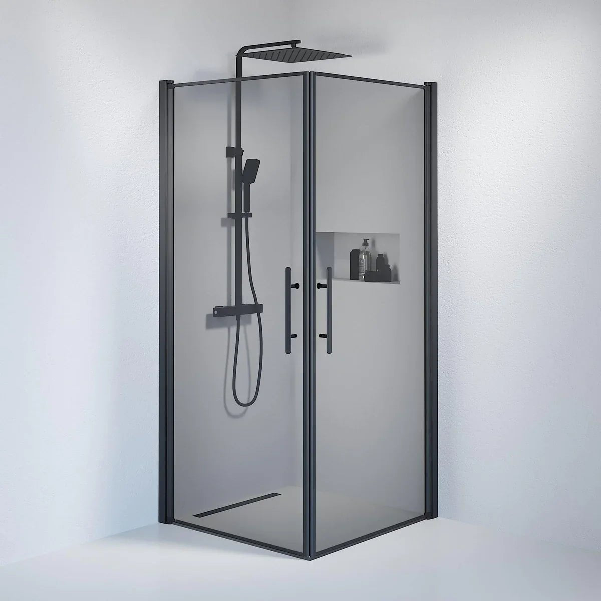 Vänern Duschhörn, Rak, Rökfärgat Glas, Svart Profil - Duschhörna - BATH DELUXE - PRESTIGE - 36 - 909 - 02 - 56 - 00 - BATHDELUXE SWEDEN