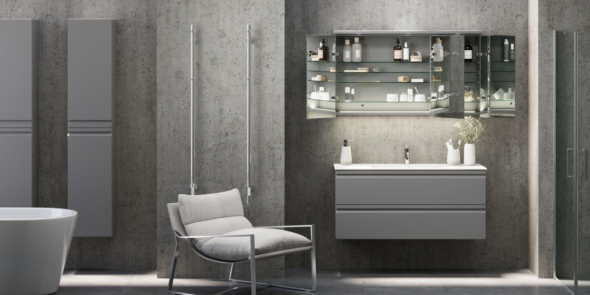 Fredrikstad Spegelskåp med LED belysning, Rund, Grå Matt - Spegelskåp - BATH DELUXE - PRESTIGE - 02 - 120 - 01 - 03 - 00 - BATHDELUXE SWEDEN