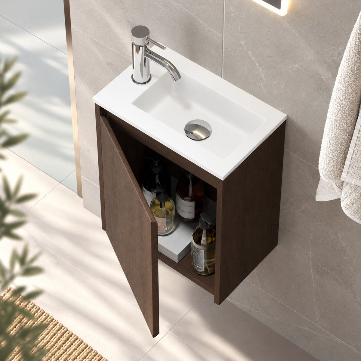 Badrumsmöbelpaket med skåp och tvättställ i solid surface - 40x25x53,4 cm - valnöt - Como - Tvättställsskåp - Bath Deluxe - Como - 09-040-11-84-02 - BATHDELUXE SWEDEN