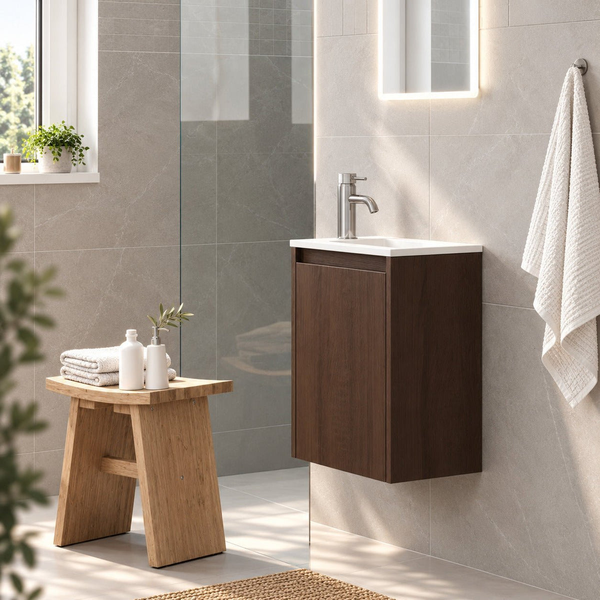 Badrumsmöbelpaket med skåp och tvättställ i solid surface - 40x25x53,4 cm - valnöt - Como - Tvättställsskåp - Bath Deluxe - Como - 09-040-11-84-02 - BATHDELUXE SWEDEN