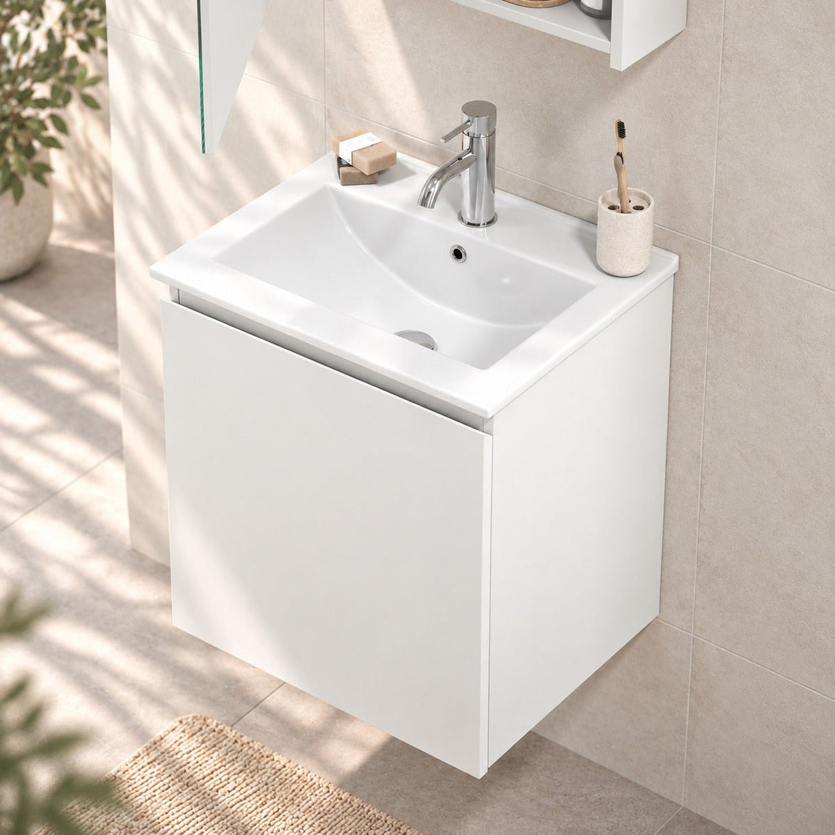 Bathroom furniture package with cabinet and ceramic washbasin - 51x41x55 cm - matt white - Kenwood - MASTERSTORE - 8595677177190 - Vanity Units - 09-050-63-01-01 - 8595677177190
