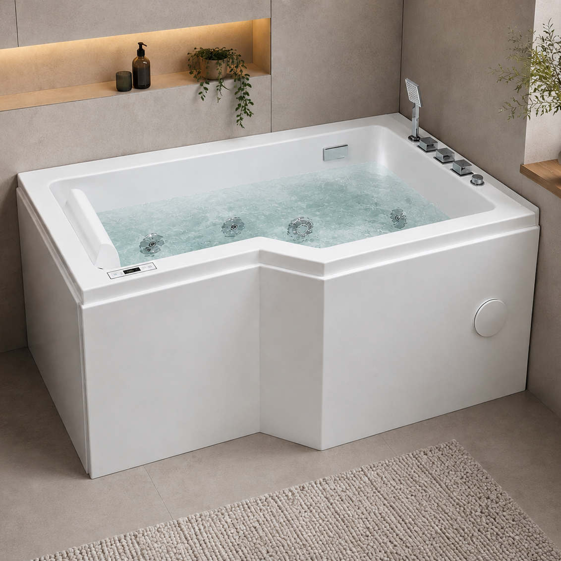 Asymmetriskt bubbelbadkar – luft- och hydromassage – 150x85x63 cm – högerutförande – med värmare – vit – Svensmarke