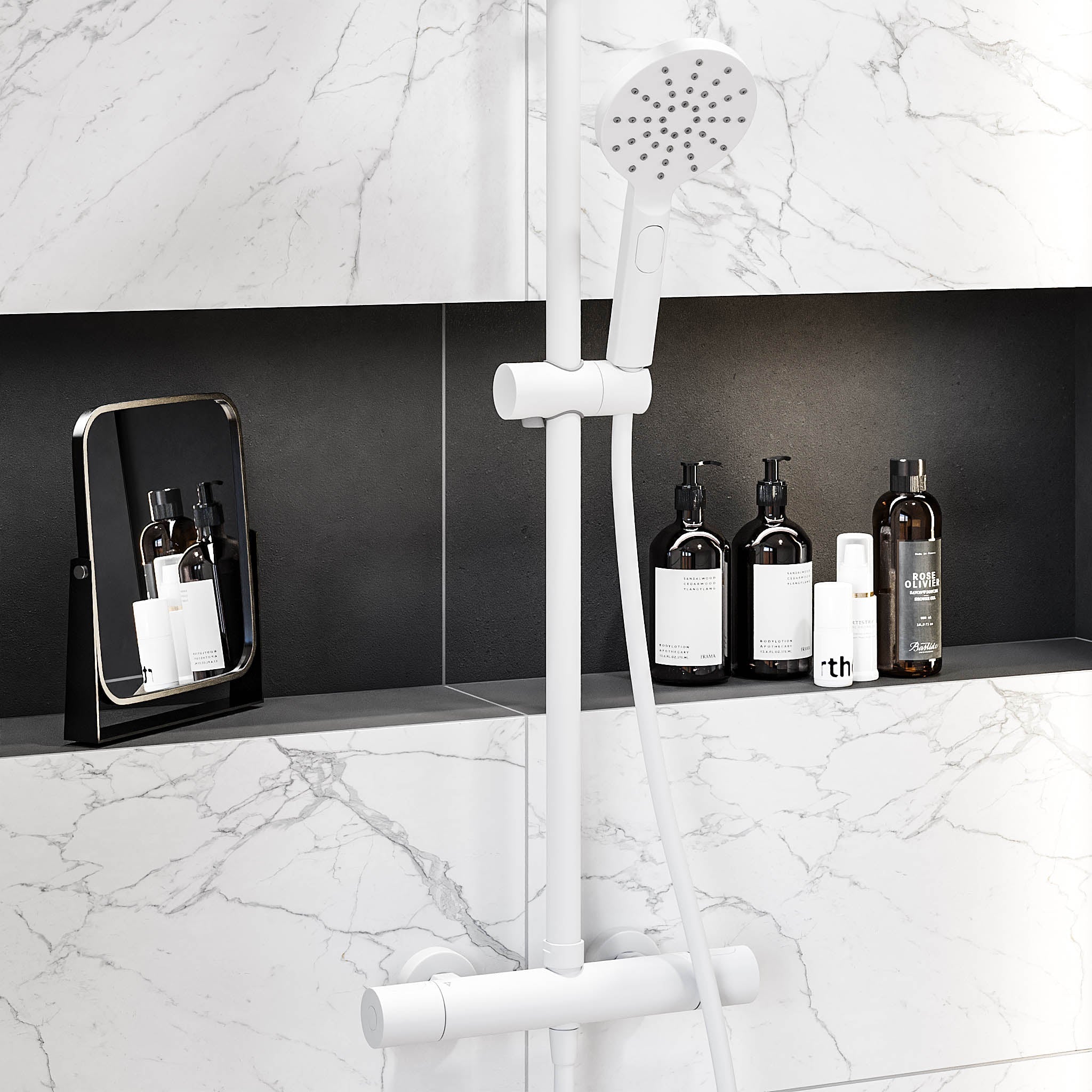 Takduschset med termostatblandare 150mm C/C - Ø250 mm takdusch, handdusch - mattvit - Dragør - Duschsystem - Bath Deluxe - Dragør - 31-120-05-01-00 - BATHDELUXE SWEDEN