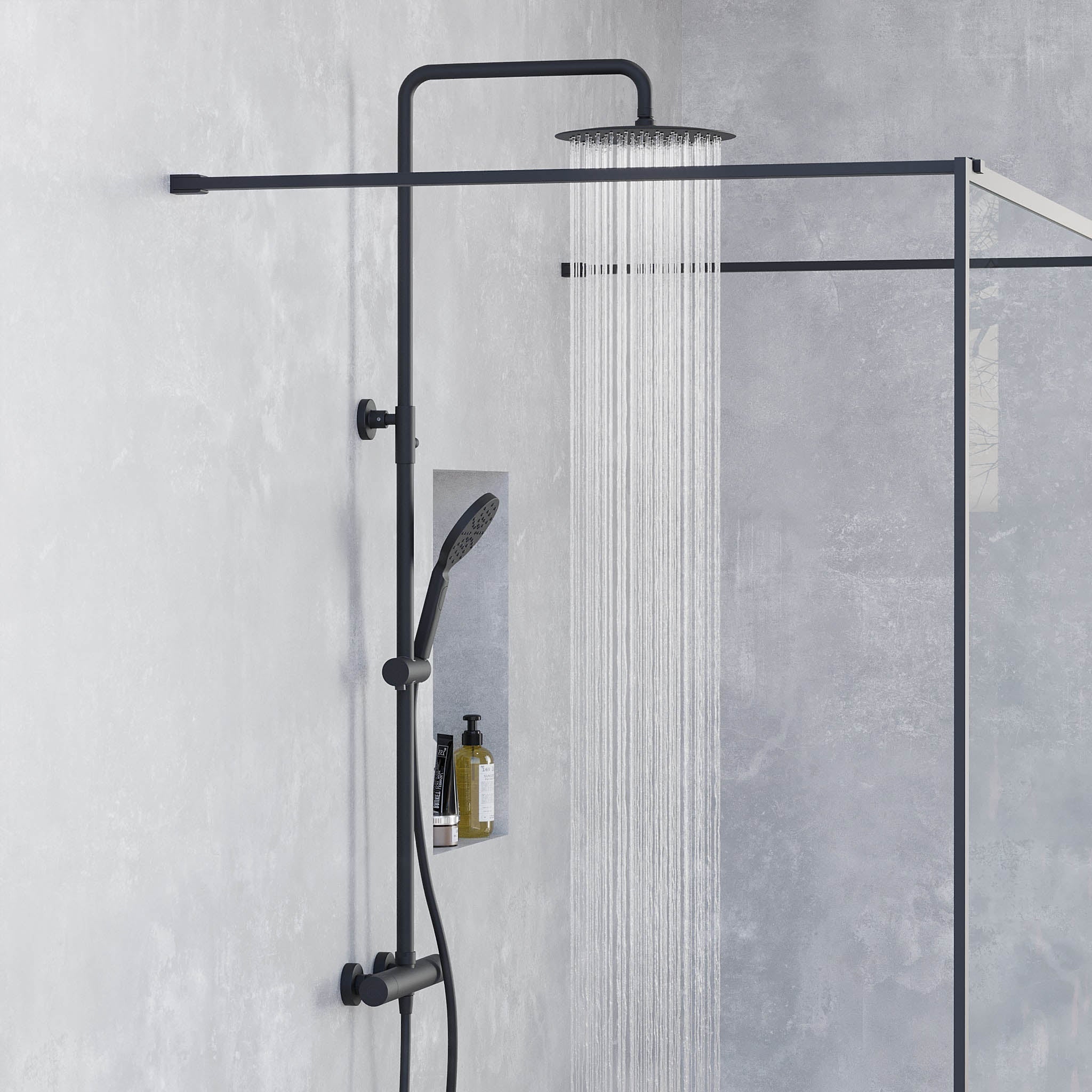 Takduschset med termostatblandare 150mm C/C – Ø250 mm takdusch, handdusch - mattsvart – Dragør - Duschsystem - Bath Deluxe - Dragør - 31-120-05-02-00 - BATHDELUXE SWEDEN