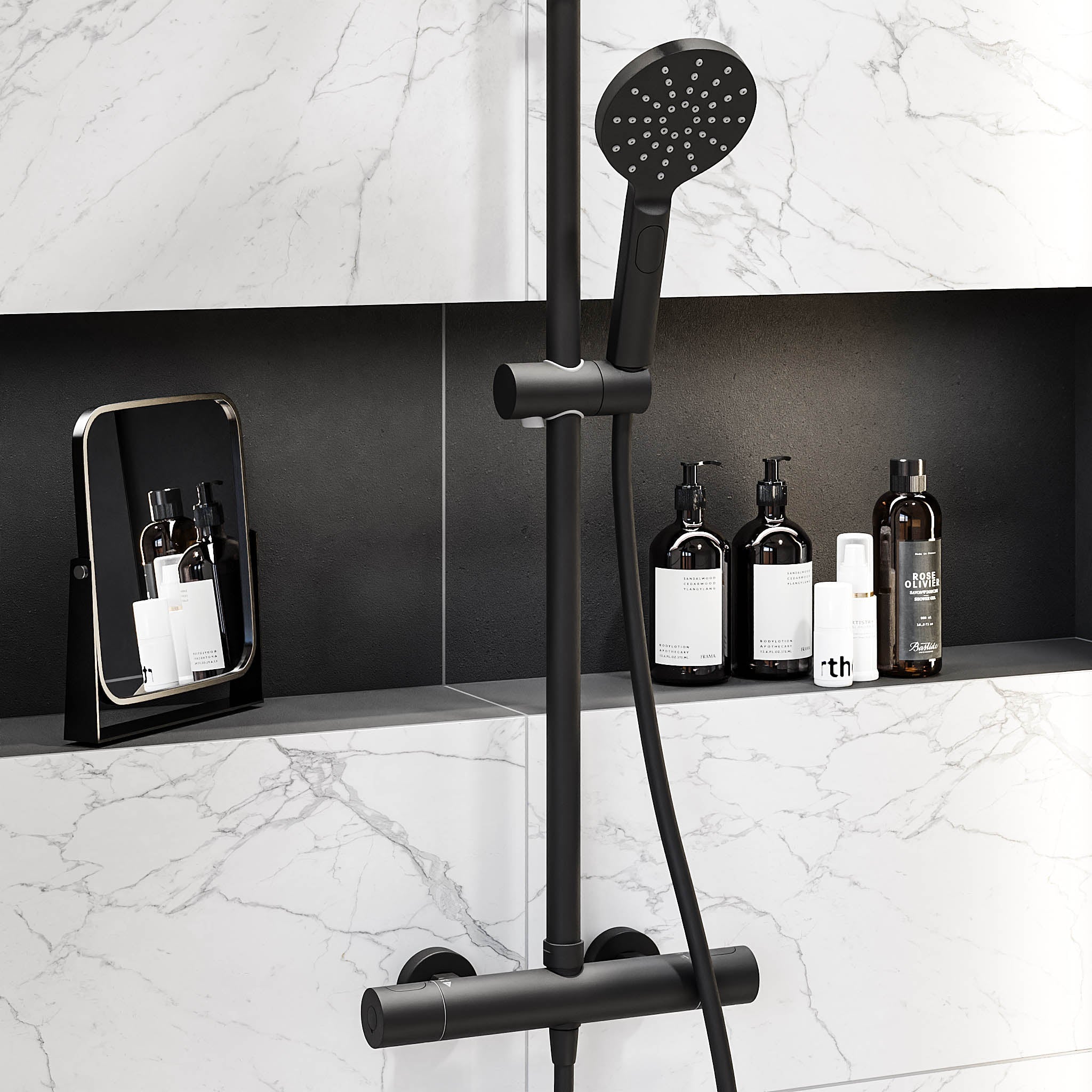 Takduschset med termostatblandare 150mm C/C – Ø250 mm takdusch, handdusch - mattsvart – Dragør - Duschsystem - Bath Deluxe - Dragør - 31-120-05-02-00 - BATHDELUXE SWEDEN