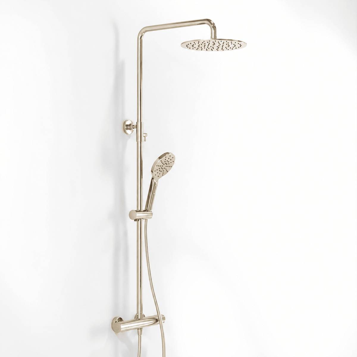 Shower system with thermostatic mixer 160mm C/C - Ø250 mm overhead shower, hand shower - polished brass - Dragør - MASTERSTORE - 8595677195705 - Showersystems - 31-120-10-64-00 - 8595677195705