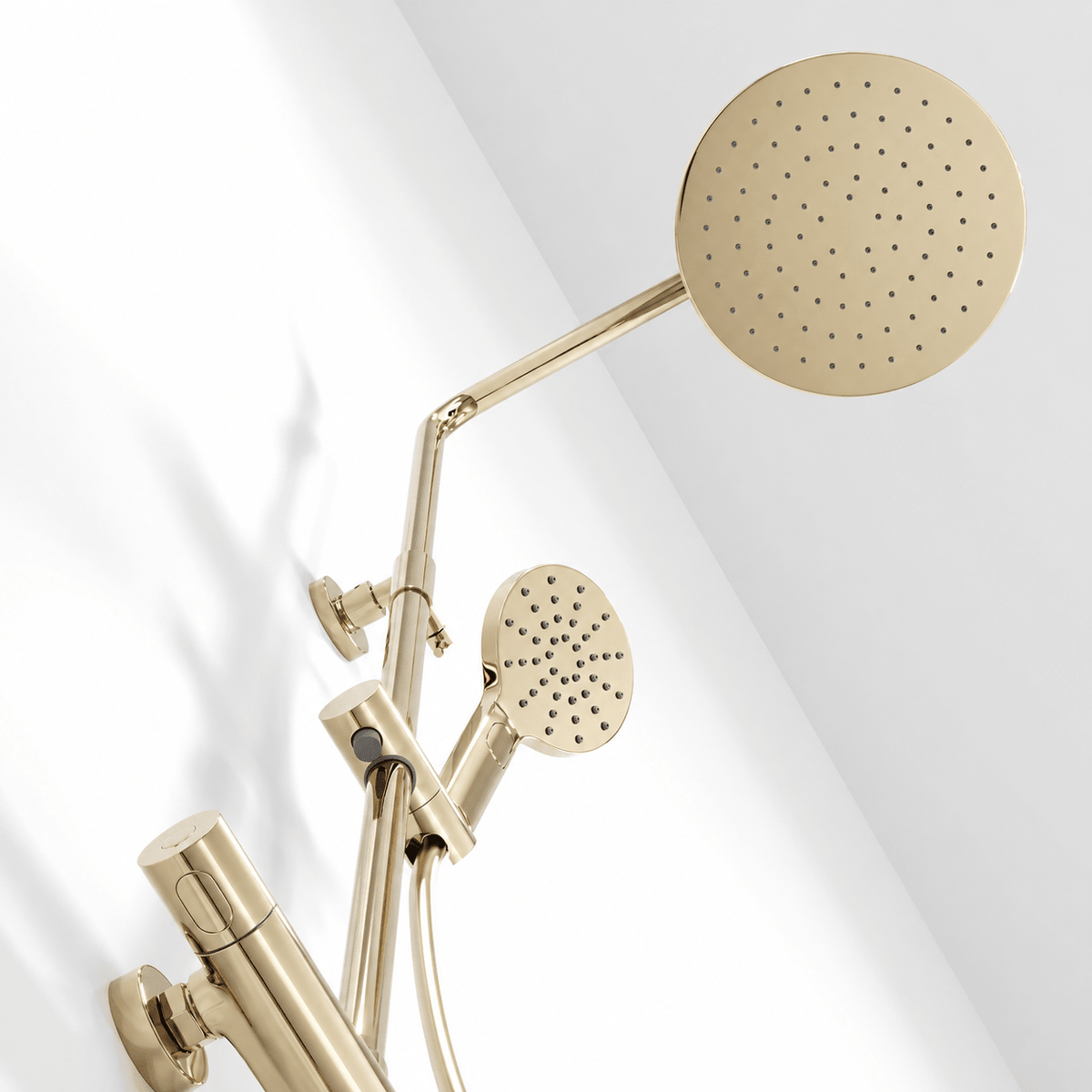 Shower system with thermostatic mixer 160mm C/C - Ø250 mm overhead shower, hand shower - polished brass - Dragør - MASTERSTORE - 8595677195705 - Showersystems - 31-120-10-64-00 - 8595677195705