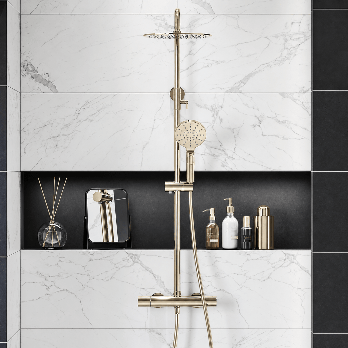 Shower system with thermostatic mixer 160mm C/C - Ø250 mm overhead shower, hand shower - polished brass - Dragør - MASTERSTORE - 8595677195705 - Showersystems - 31-120-10-64-00 - 8595677195705