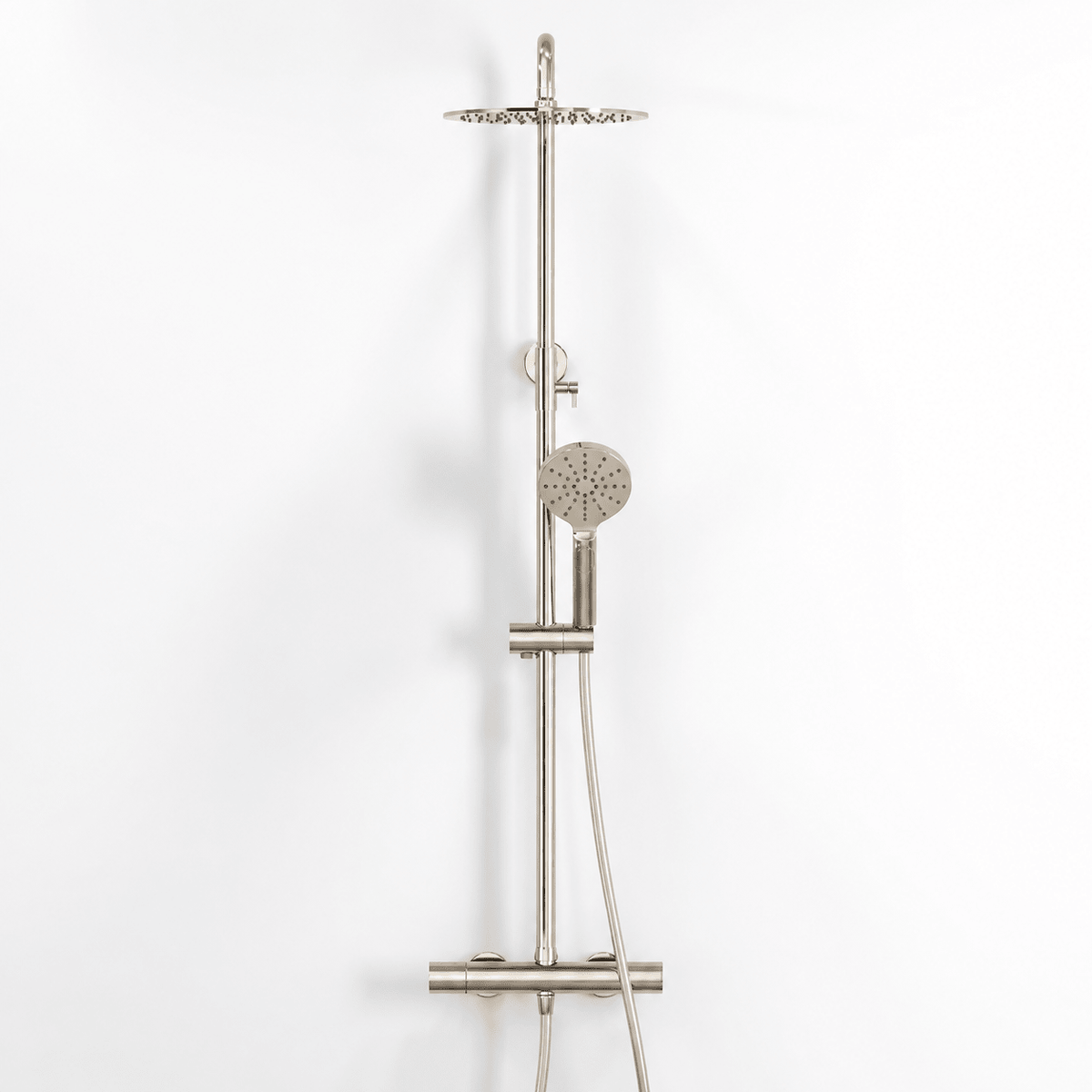 Shower system with thermostatic mixer 150mm C/C - Ø250 mm overhead shower, hand shower - polished brass - Dragør - MASTERSTORE - 8595677195712 - Showersystems - 31-120-11-64-00 - 8595677195712