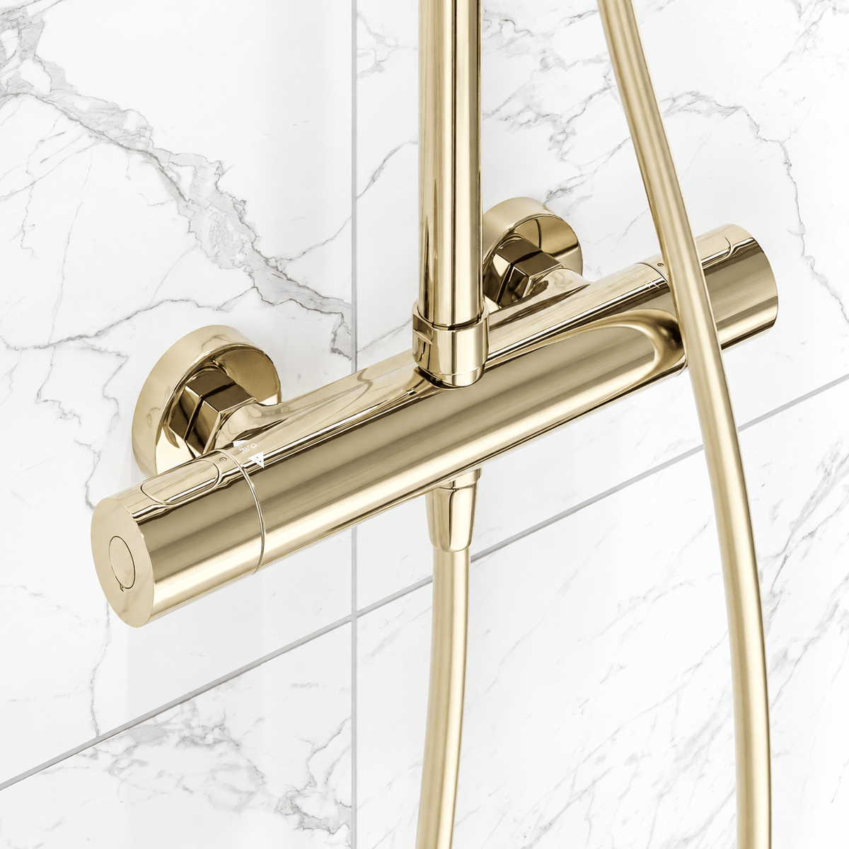 Shower system with thermostatic mixer 150mm C/C - Ø250 mm overhead shower, hand shower - polished brass - Dragør - MASTERSTORE - 8595677195712 - Showersystems - 31-120-11-64-00 - 8595677195712