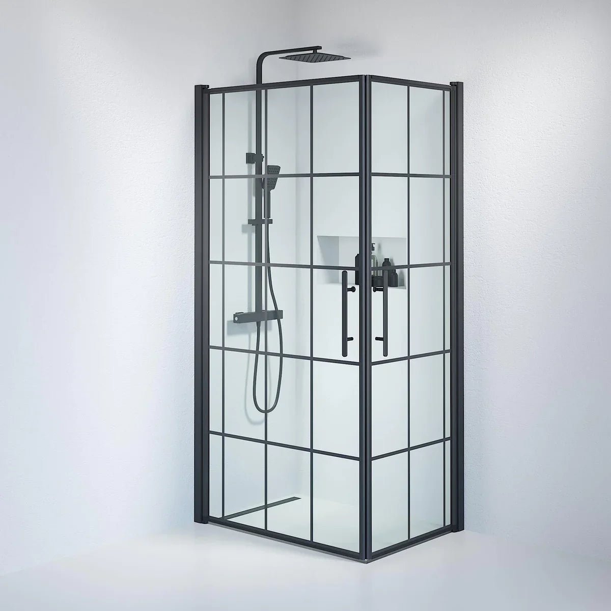 Vänern Duschhörn, Rak, Klarglas med Spröjs, Svart Profil - Duschhörna - BATH DELUXE - PRESTIGE - 36 - 701 - 02 - 49 - 01 - BATHDELUXE SWEDEN