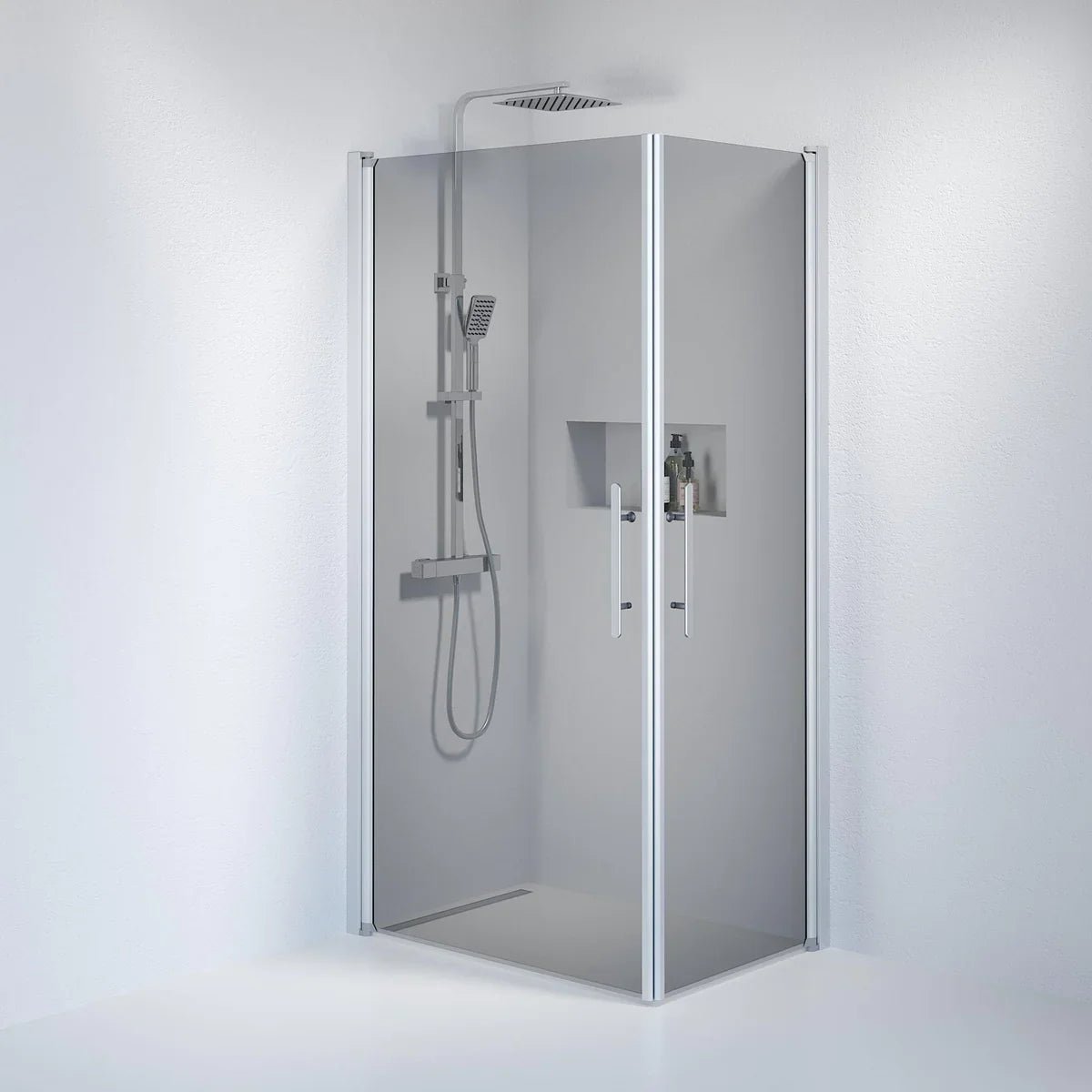 Vänern Duschhörn,Rak, Rökfärgat Glas, Borstad Aluminium Profil - Duschhörna - BATH DELUXE - PRESTIGE - 36 - 701 - 67 - 56 - 00 - BATHDELUXE SWEDEN