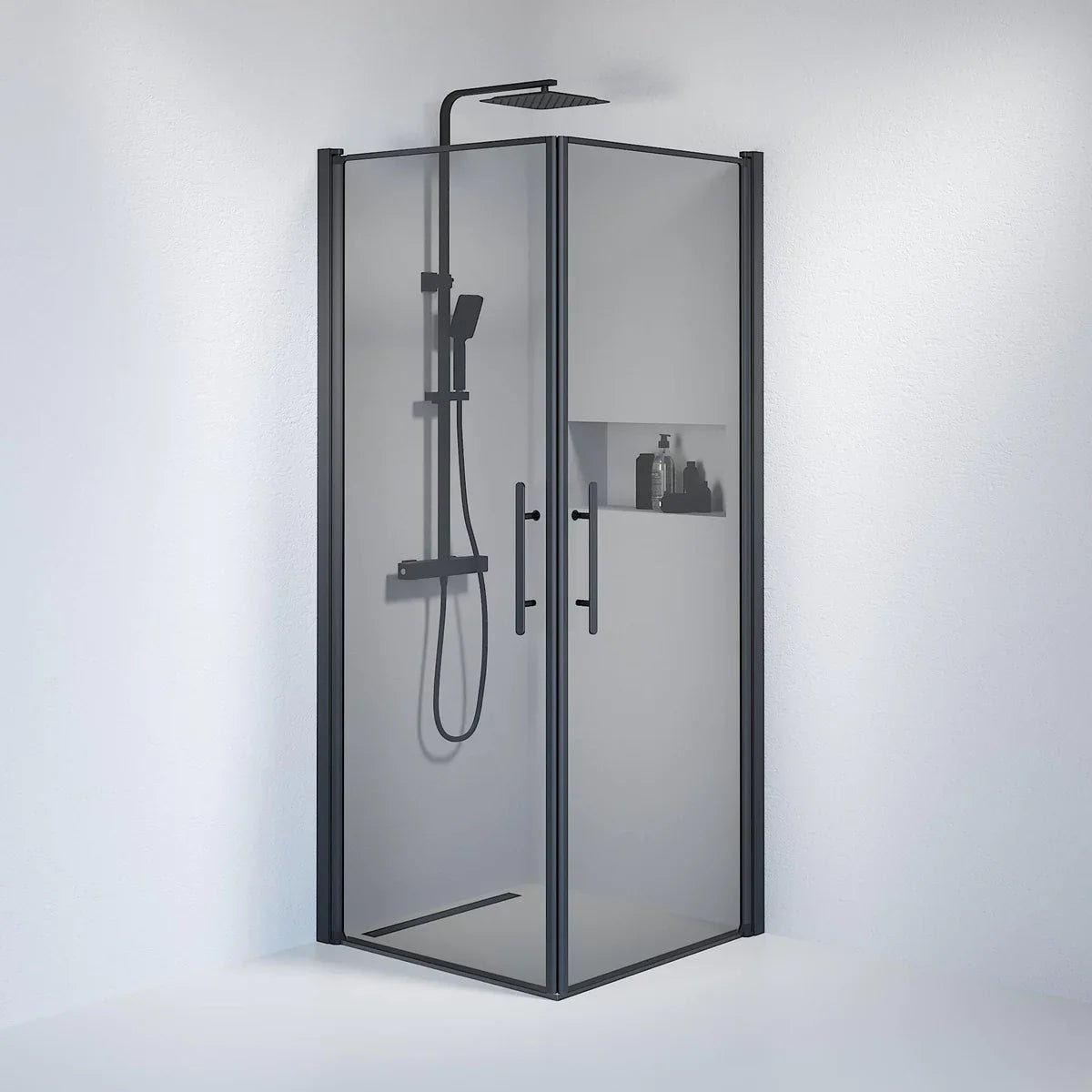 Vänern Duschhörn, Rak, Rökfärgat Glas, Svart Profil - Duschhörna - BATH DELUXE - PRESTIGE - 36 - 808 - 02 - 56 - 00 - BATHDELUXE SWEDEN