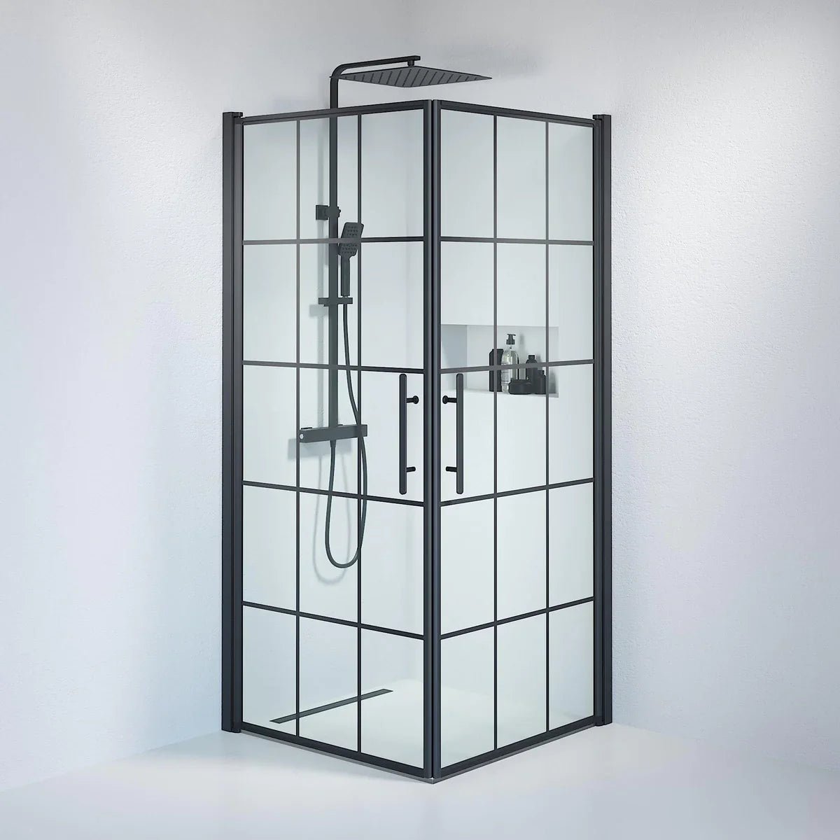 Vänern Duschhörn, Rak, Klarglas med Spröjs, Svart Profil - Duschhörna - BATH DELUXE - PRESTIGE - 36 - 909 - 02 - 49 - 01 - BATHDELUXE SWEDEN