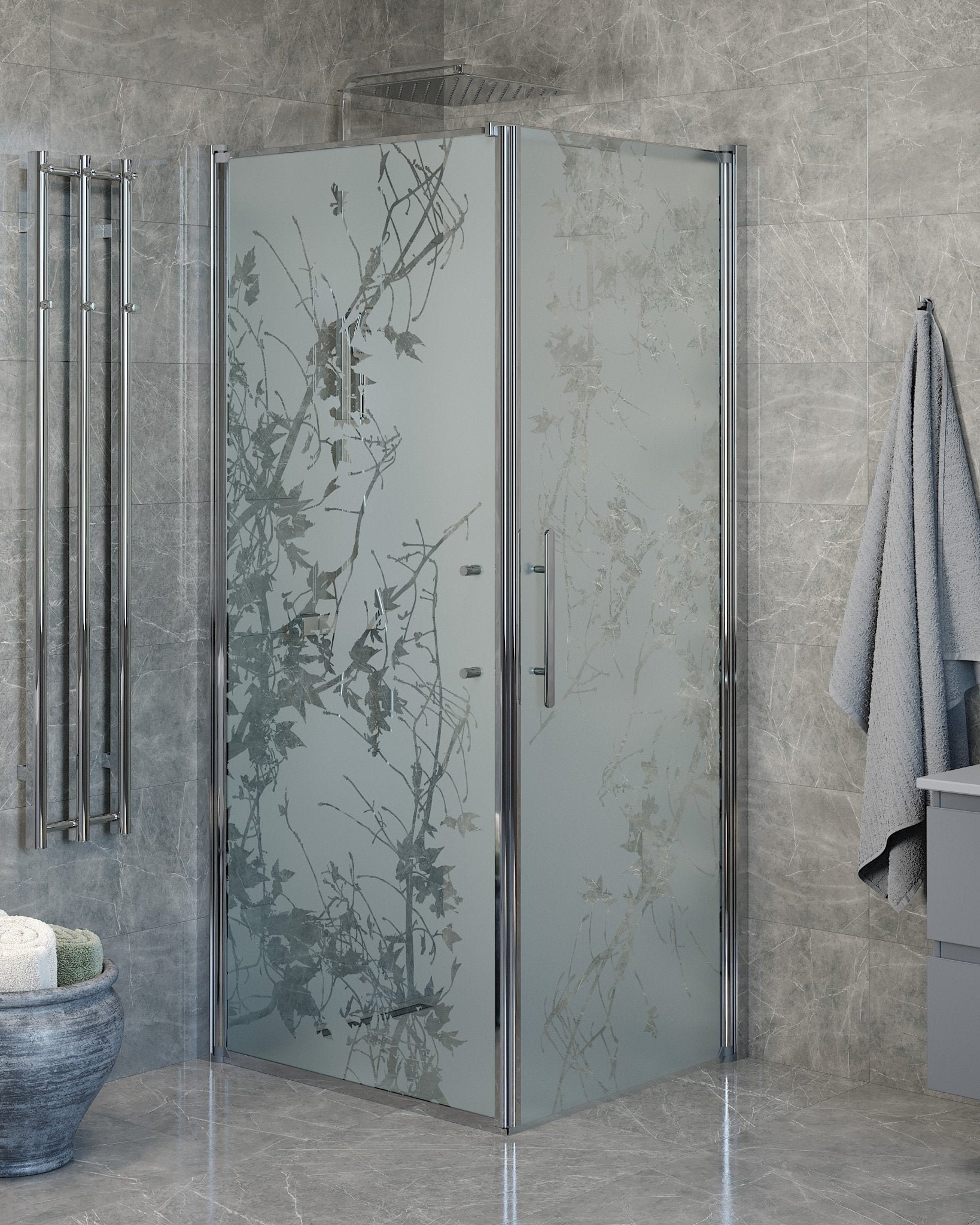 Vänern Duschhörn, Dörr + Vägg, Frostat Decor Glas, Krom Profil - Duschhörna - BATH DELUXE - PRESTIGE - 40 - 107 - 01 - 54 - 00 - BATHDELUXE SWEDEN