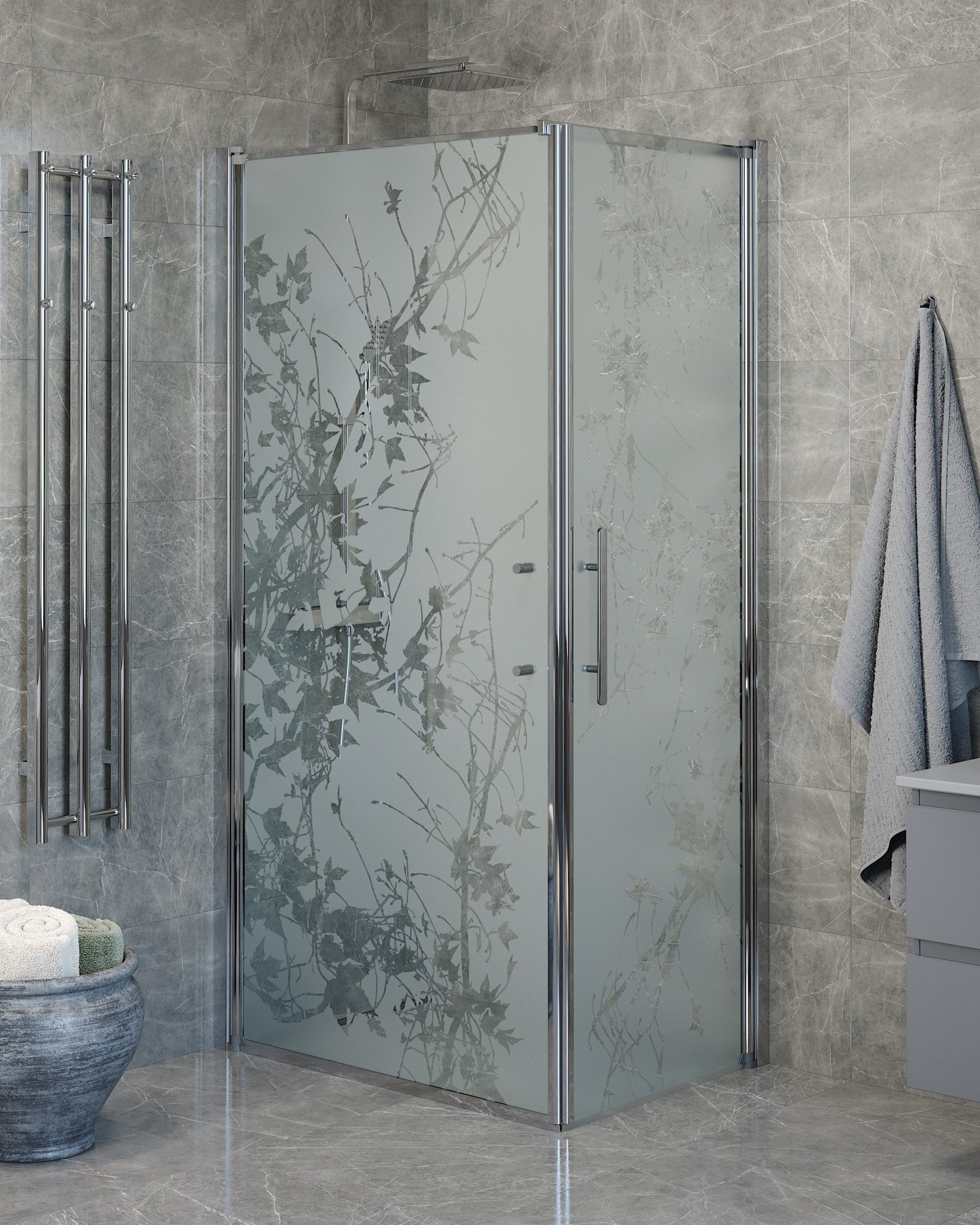 Vänern Duschhörn, Dörr + Vägg, Frostat Decor Glas, Krom Profil - Duschhörna - BATH DELUXE - PRESTIGE - 40 - 107 - 01 - 54 - 00 - BATHDELUXE SWEDEN