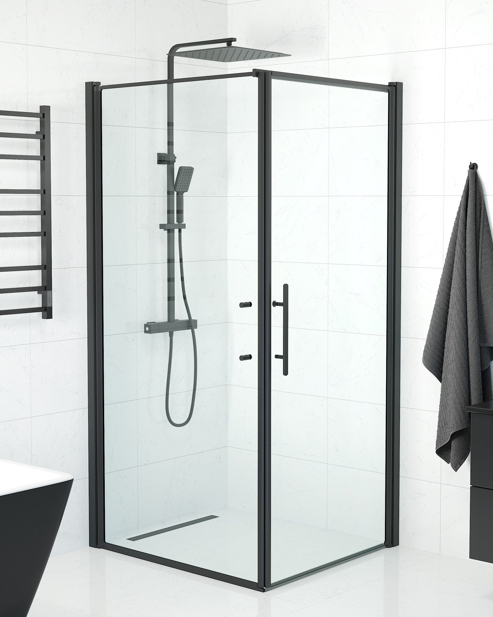Vänern Duschhörn, Dörr + Vägg, Klarglas, Svart Profil - Duschhörna - BATH DELUXE - PRESTIGE - 40 - 109 - 00 - 50 - 00 - BATHDELUXE SWEDEN