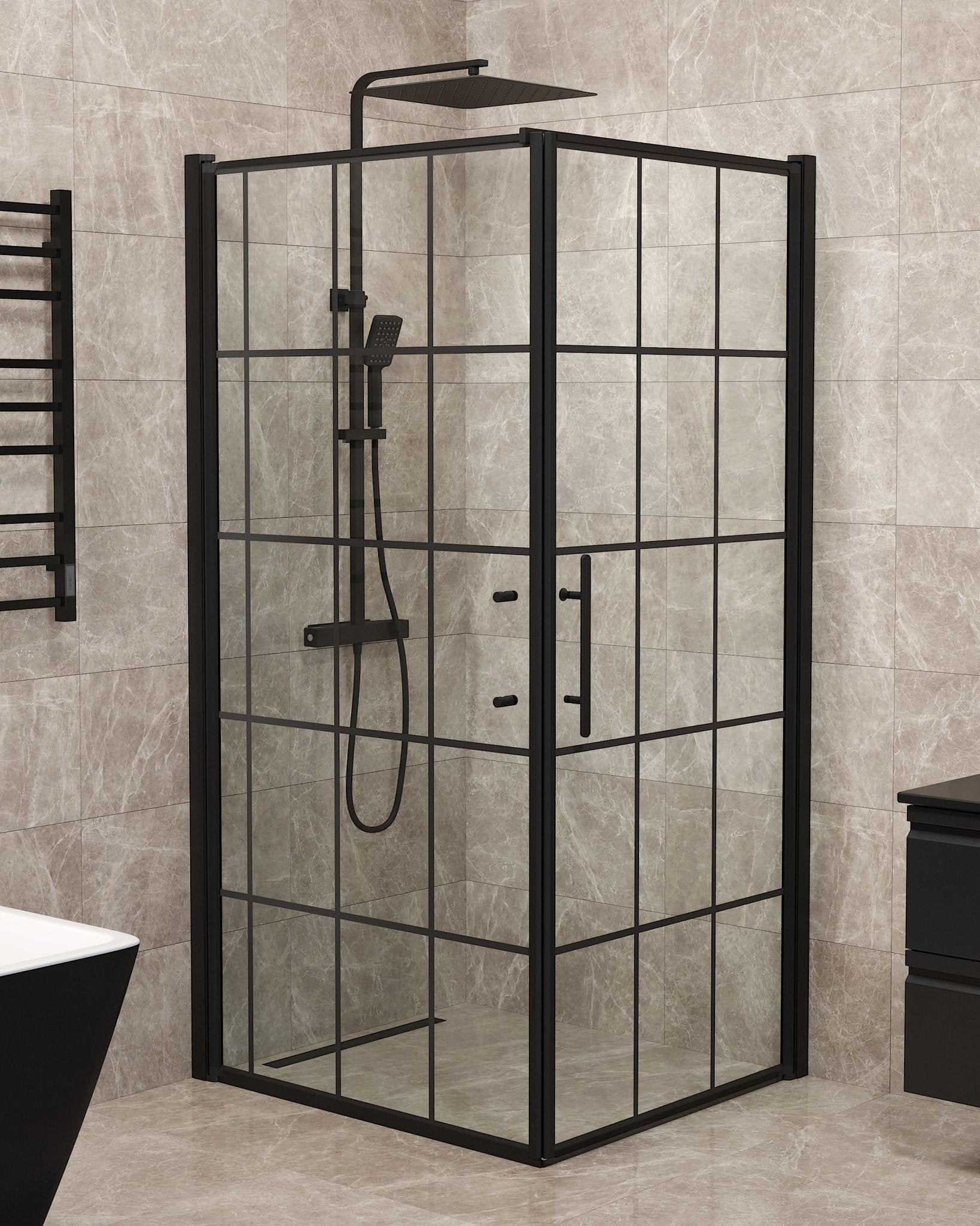 Vänern Duschhörn, Dörr + Vägg, Klarglas med Spröjs, Svart Profil - Duschhörna - BATH DELUXE - PRESTIGE - 40 - 109 - 00 - 59 - 00 - BATHDELUXE SWEDEN