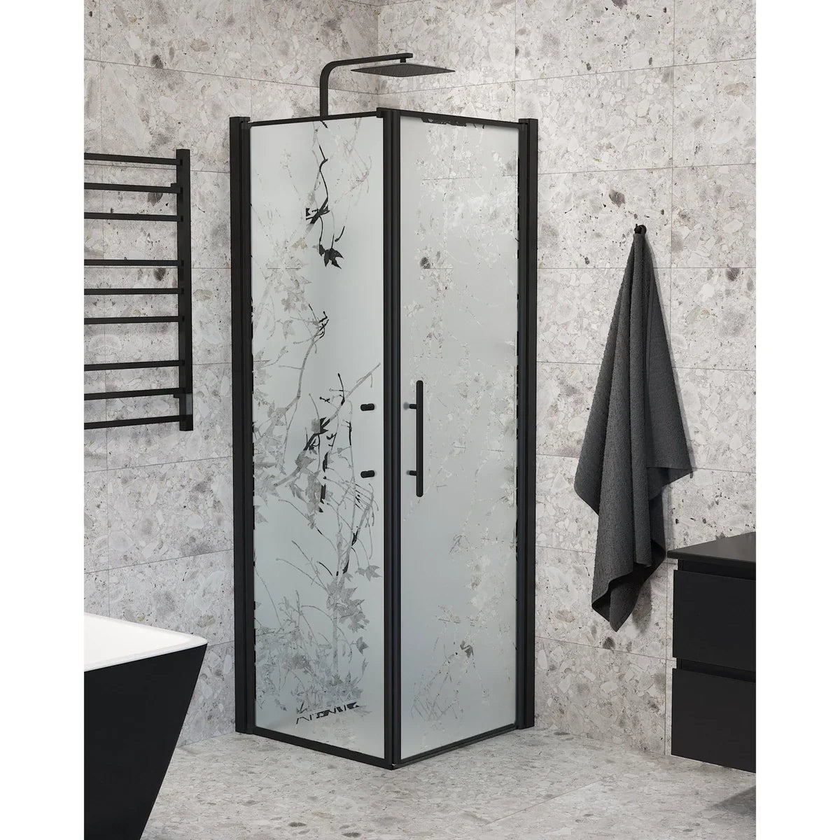 Vänern Duschhörn, Dörr + Vägg, Frostat Decor Glas, Svart Profil - Duschhörna - BATH DELUXE - PRESTIGE - 40 - 707 - 00 - 54 - 00 - BATHDELUXE SWEDEN