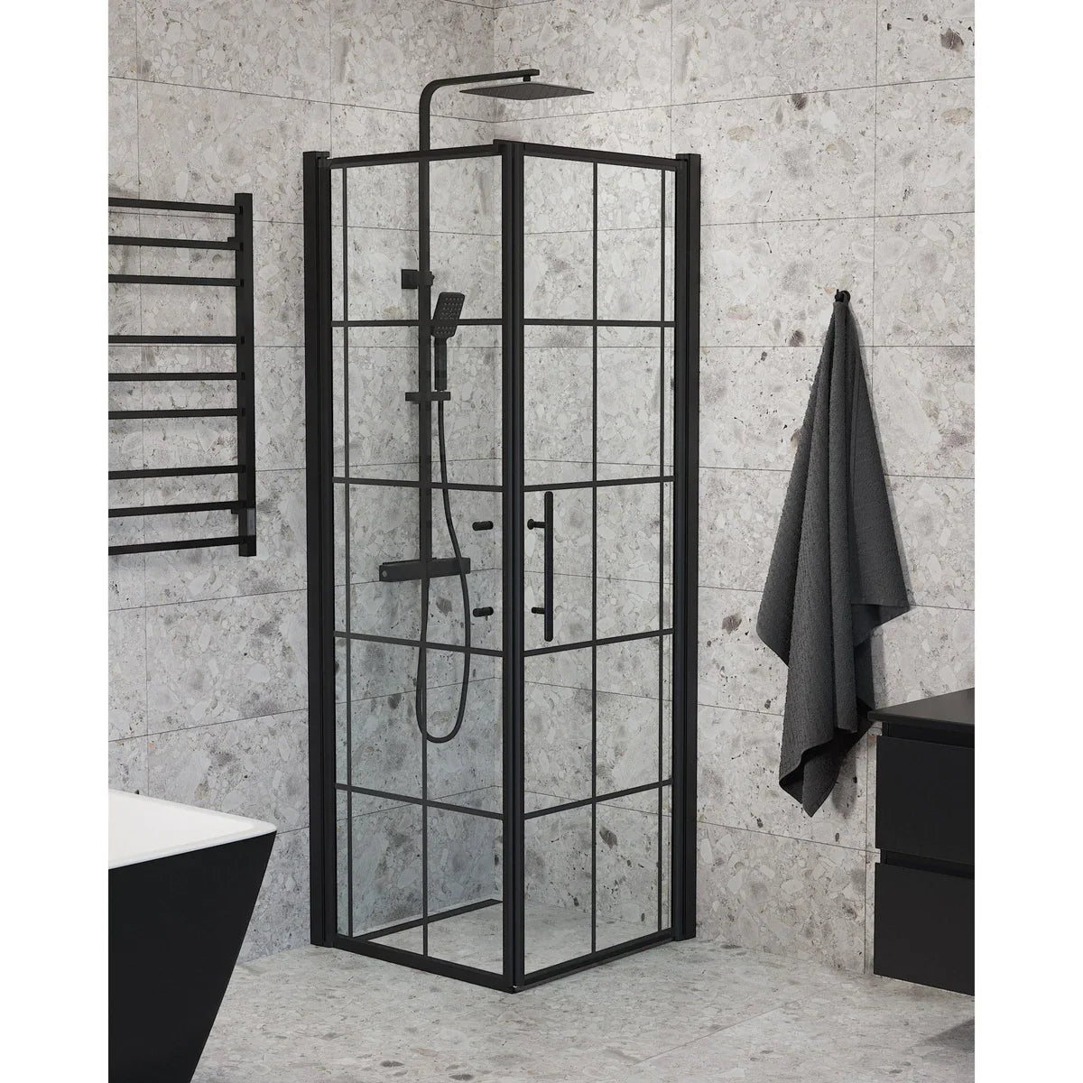 Vänern Duschhörn, Dörr + Vägg, Klarglas med Spröjs, Svart Profil - Duschhörna - BATH DELUXE - PRESTIGE - 40 - 707 - 00 - 59 - 00 - BATHDELUXE SWEDEN