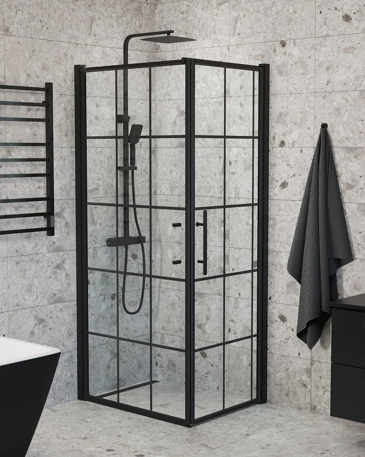 Vänern Duschhörn, Dörr + Vägg, Klarglas med Spröjs, Svart Profil - Duschhörna - BATH DELUXE - PRESTIGE - 40 - 709 - 00 - 59 - 00 - BATHDELUXE SWEDEN