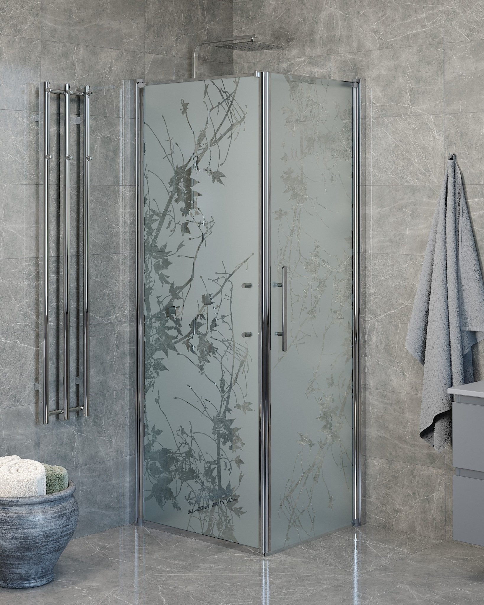 Vänern Duschhörn, Dörr + Vägg, Frostat Decor Glas, Krom Profil - Duschhörna - BATH DELUXE - PRESTIGE - 40 - 807 - 01 - 54 - 00 - BATHDELUXE SWEDEN
