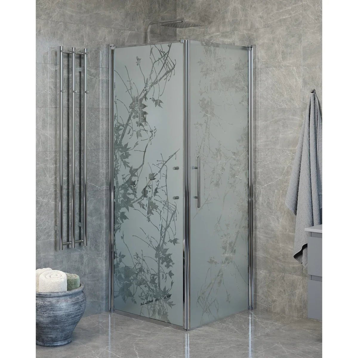 Vänern Duschhörn, Dörr + Vägg, Frostat Decor Glas, Krom Profil - Duschhörna - BATH DELUXE - PRESTIGE - 40 - 808 - 01 - 54 - 00 - BATHDELUXE SWEDEN