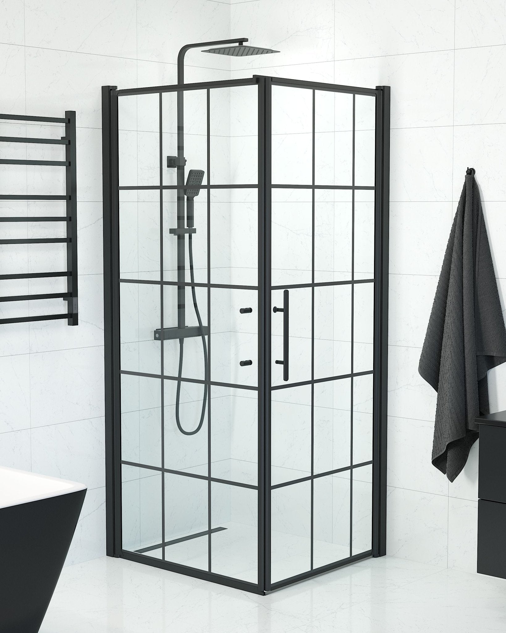 Vänern Duschhörn, Dörr + Vägg, Klarglas med Spröjs, Svart Profil - Duschhörna - BATH DELUXE - PRESTIGE - 40 - 908 - 00 - 59 - 00 - BATHDELUXE SWEDEN